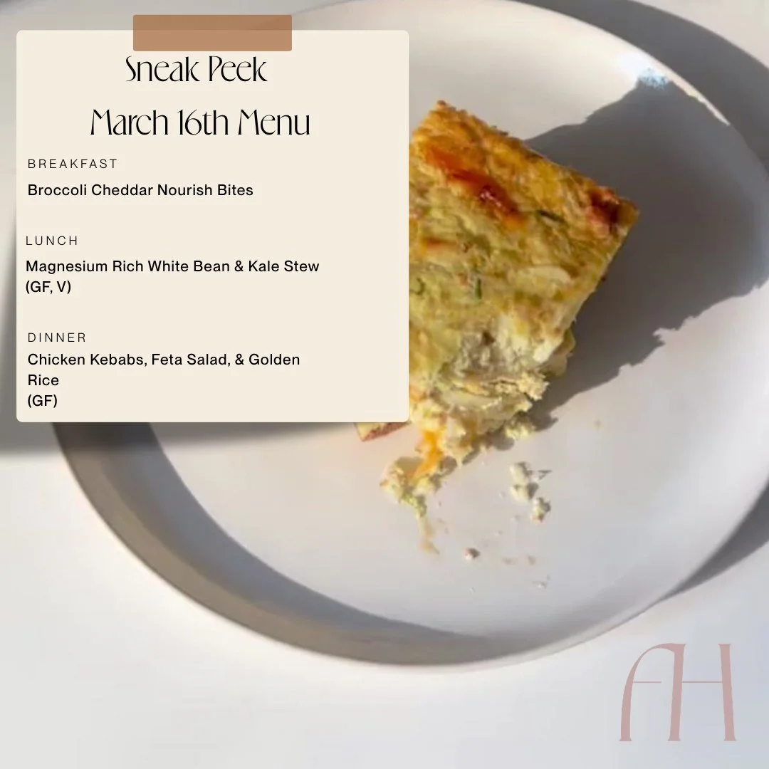 The weather outside may be grey again, but next week's menu is bright and full of flavour. 

🥦Broccoli Cheddar Egg Bites: these are easy to eat with one hand and FULL of Choline. It is important to include choline-rich foods in your diet to support 