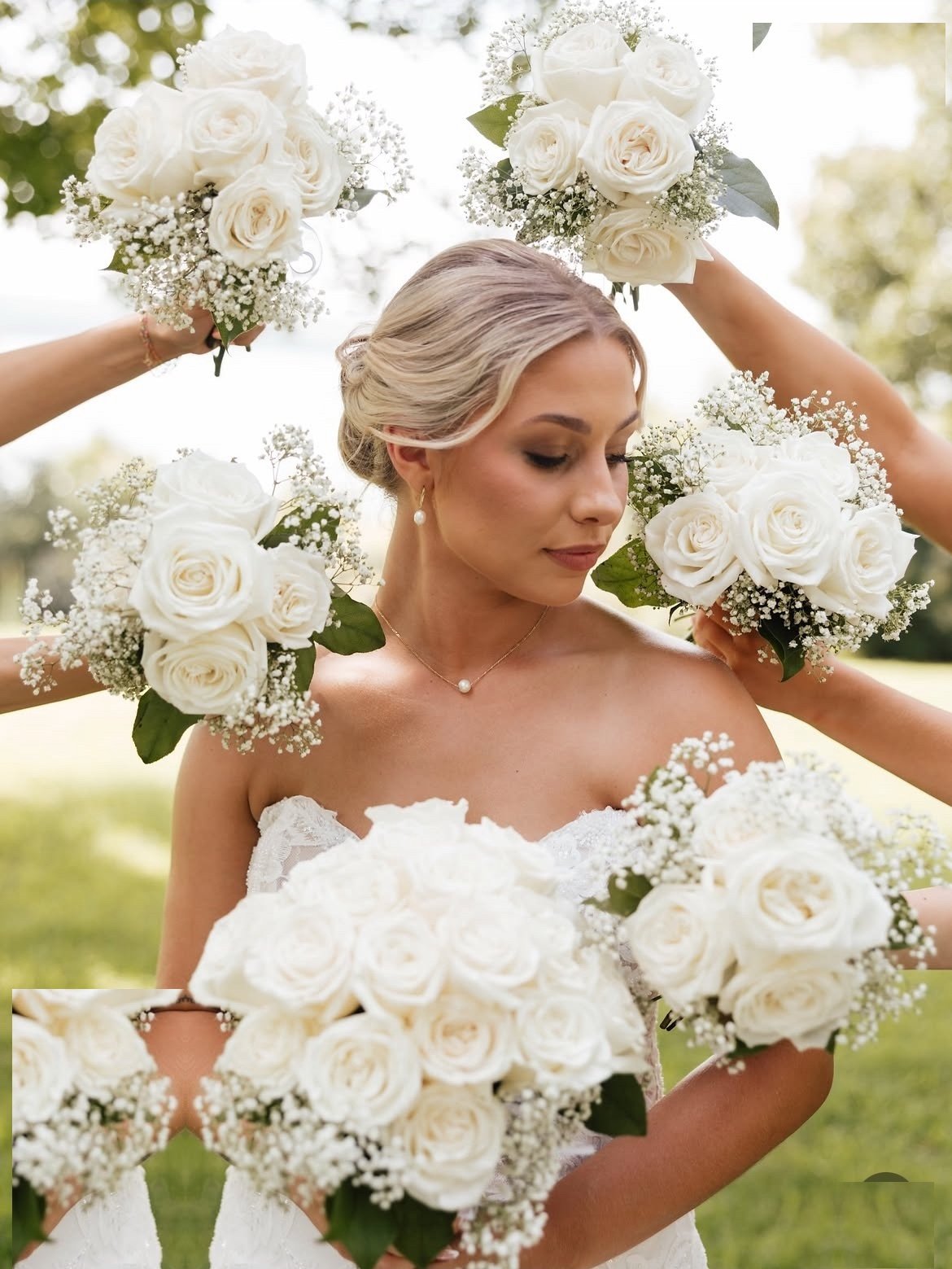 Bride with all white bouquets around face for stunning bridal portrait