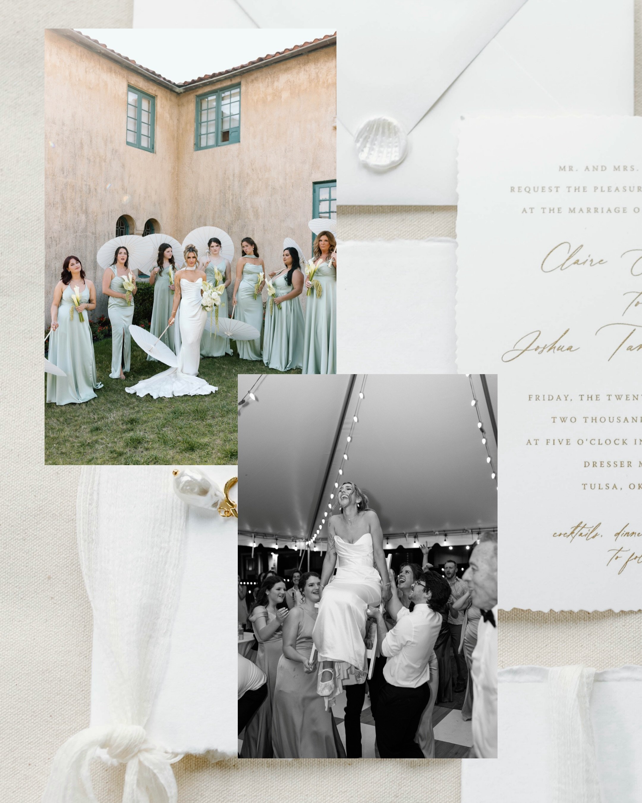 bridesmaid with parasols; bride on chair celebrating