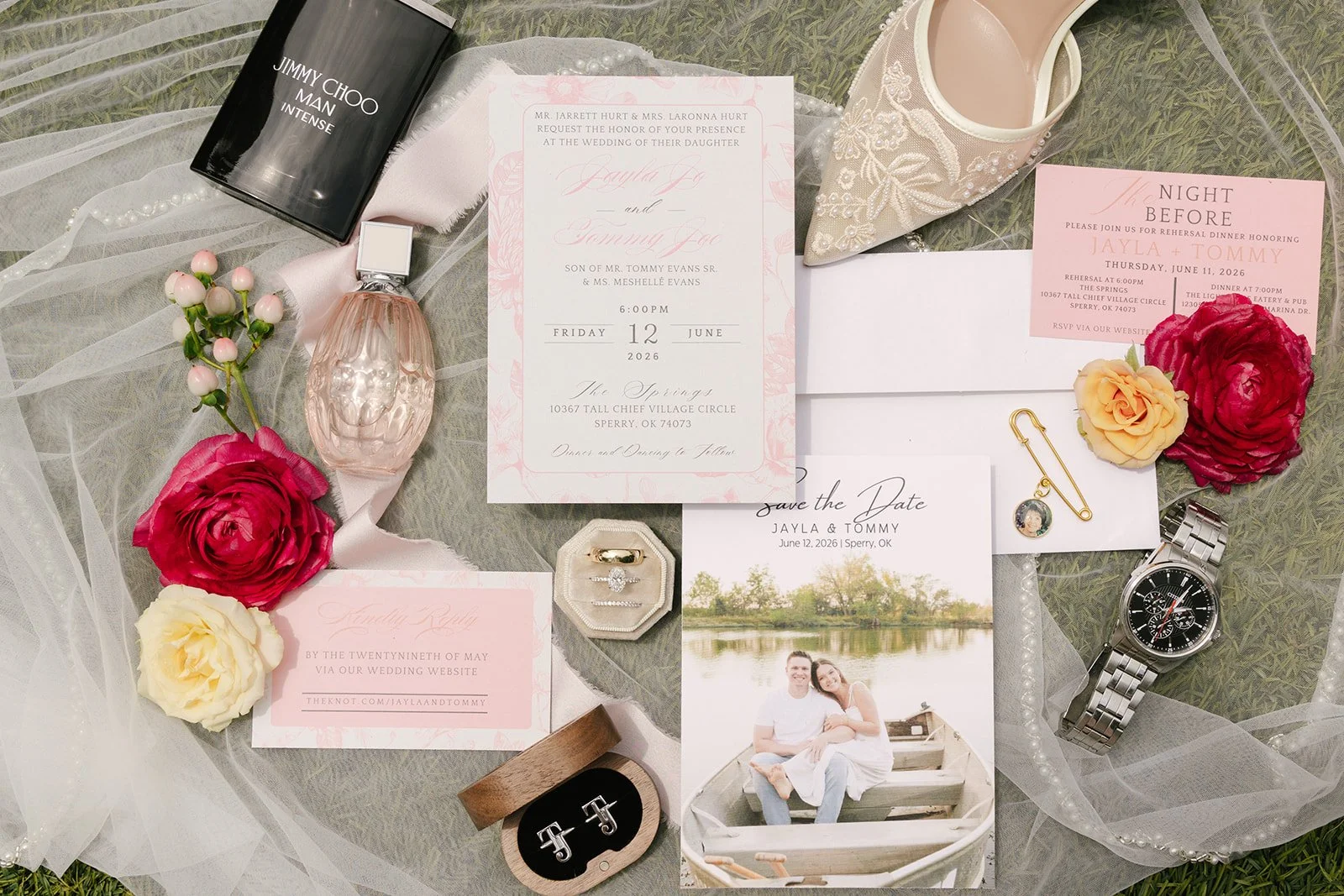 flatlay of brides details, invite, save the date 