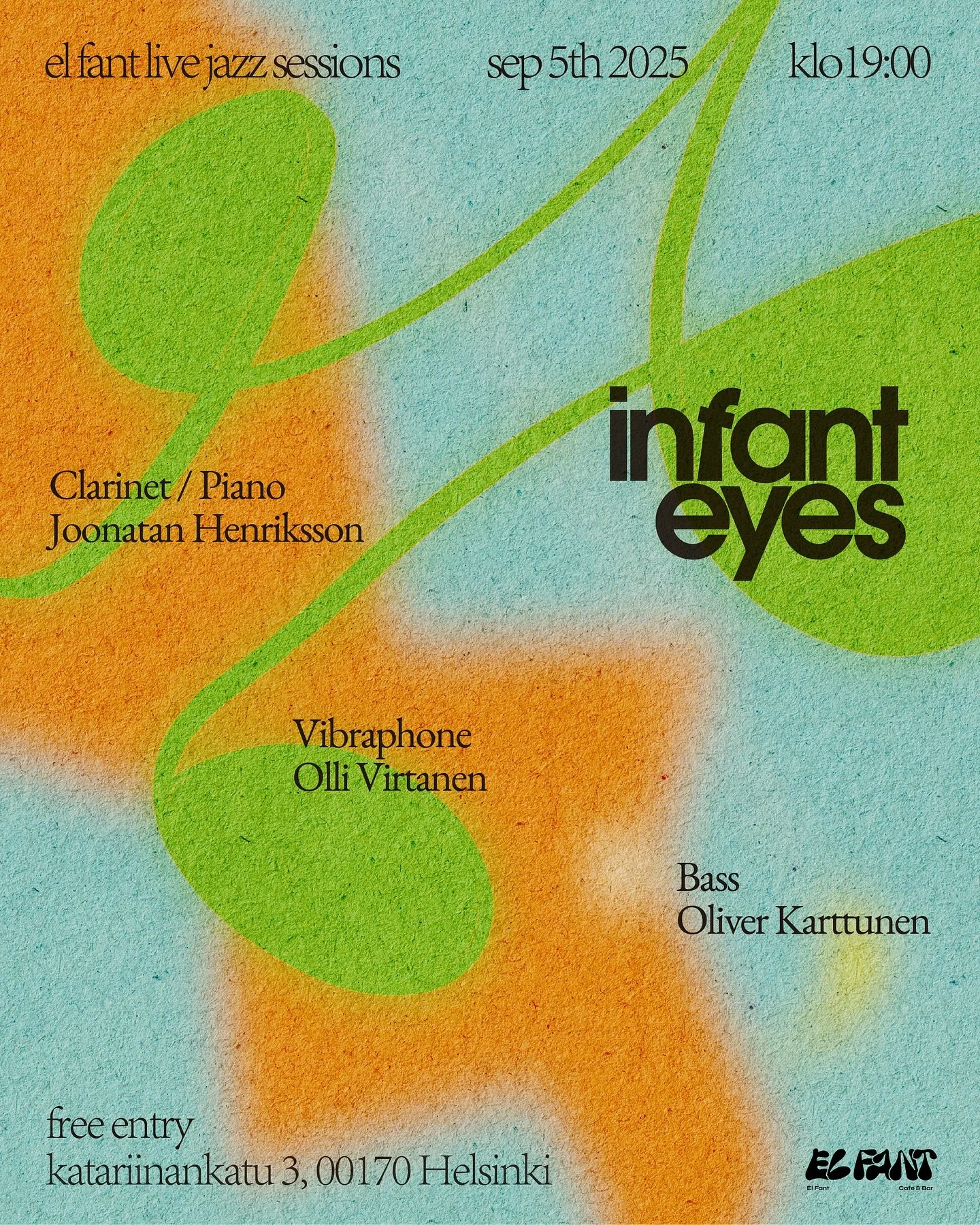 Sep 5th, 19:00 - El fant jazz sessions  Free entry

We are opening our new live jazz series infant eyes at El Fant. The name is borrowed from Wayne Shorter&rsquo;s composition and reflects a spirit of openness and curiosity.
The first concert feature