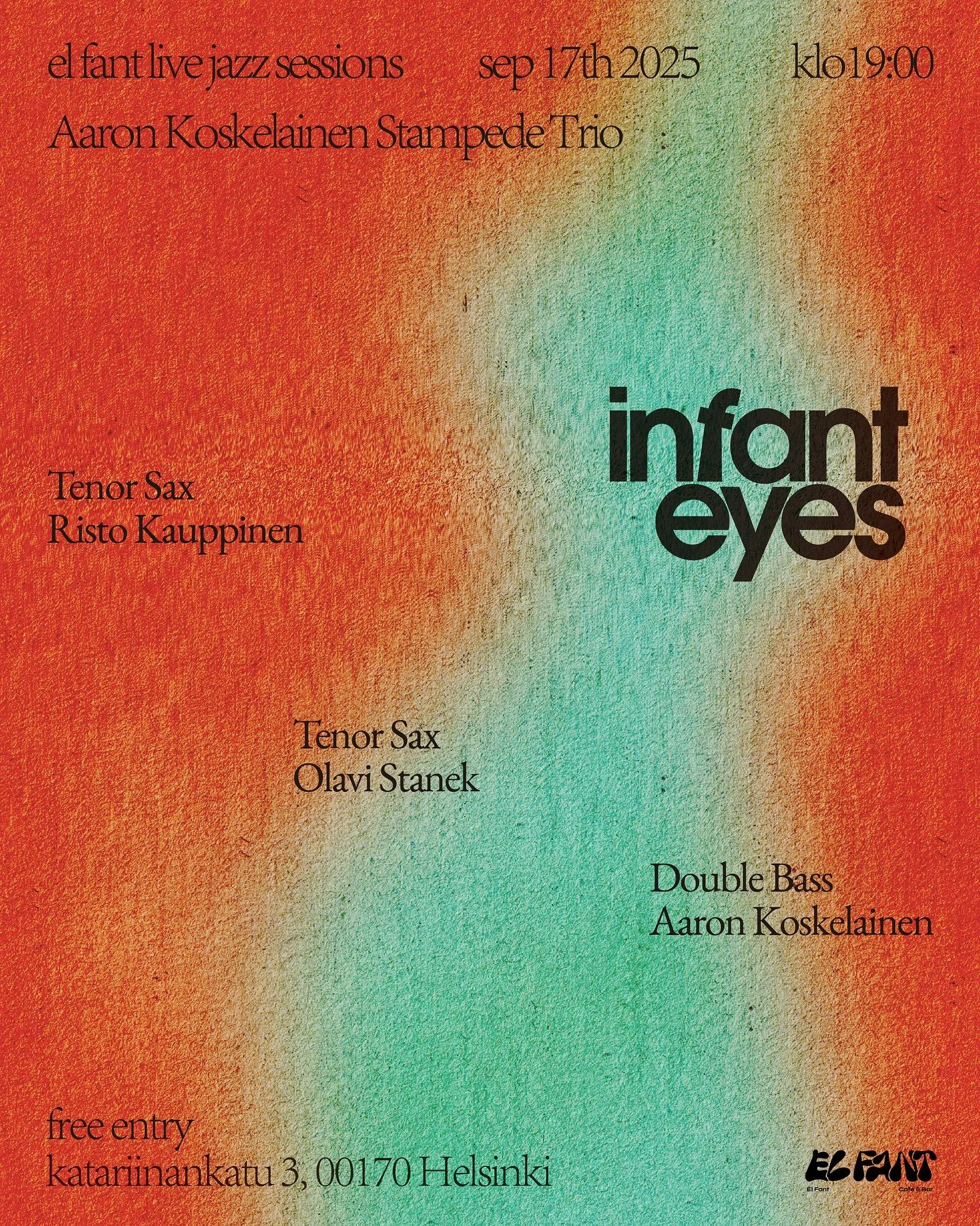 Next up in our infant eyes jazz series:
Aaron Koskelainen Stampede Trio

Aaron Koskelainen Stampede Trio is a trio version of the band Stampede, founded in 2022, that primarily plays music composed by bassist Aaron Koskelainen.

The band draws heavil