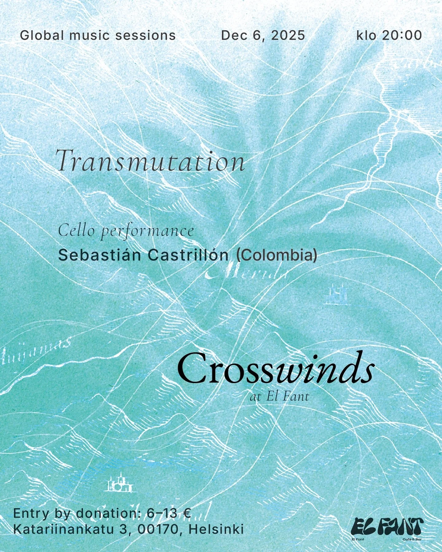 Crosswinds at El Fant Dec 6, 2025, 20:00 Entry by donation (6&ndash;13&euro;) at the door.

We&rsquo;re opening a new chapter at El Fant &mdash; Crosswinds, a series shaped by the movement of sound. It&rsquo;s a space for encounters: where different 