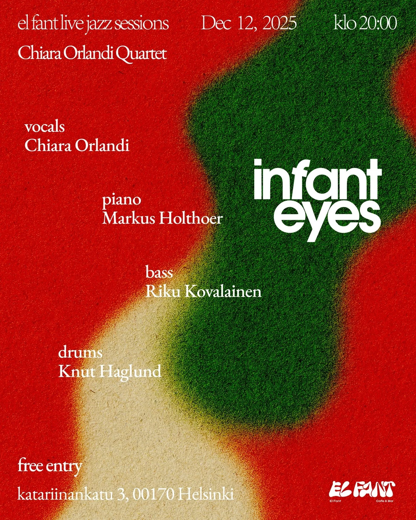 12 December, 20:00 &mdash; El Fant 🎄 Free Entry
Chiara Orlandi Finnish Quartet returns for a full Christmas evening, bringing both international and Finnish holiday classics into a warm jazz setting.

Chiara Orlandi is an Italian vocalist with a dee