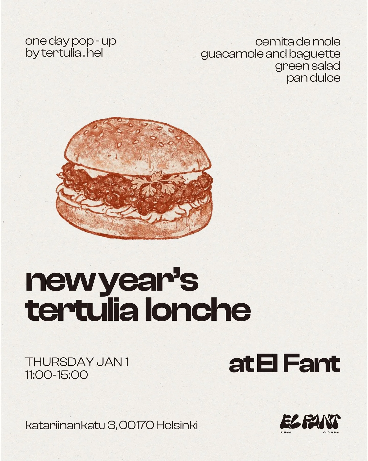 New Year&rsquo;s Day pop-up lunch at El Fant.
Together with our friend @tertulia.hel , we&rsquo;re setting a one-day menu inspired by home, memory, and comfort food.
Mole, pan dulce, espresso&hellip; comida que abraza.

📅 January 1 🕚 11:00&ndash;15