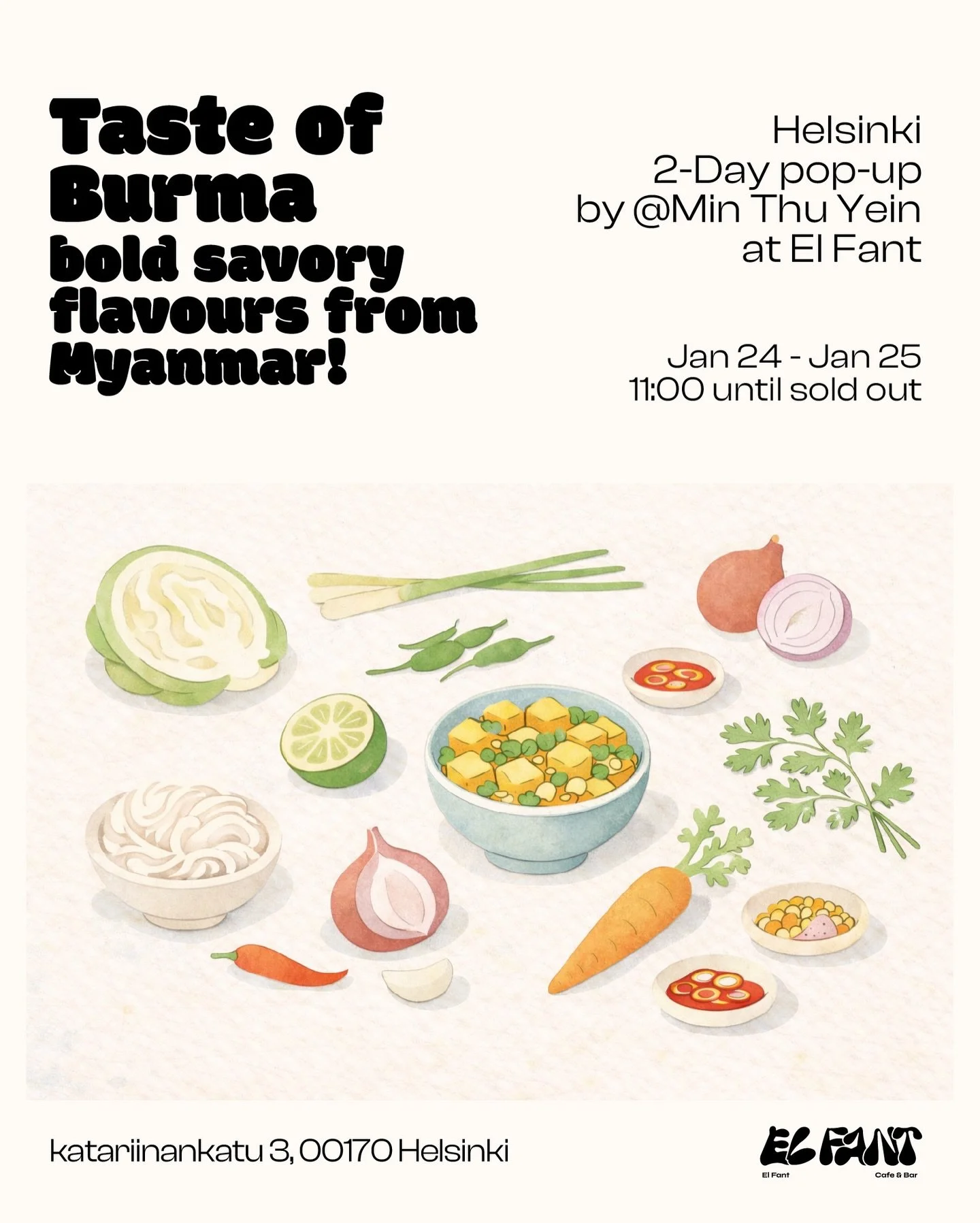 Taste of Burma 🇲🇲 Bold, savory flavours from Myanmar!
El Fant hosts a special 2-day Myanmar food pop-up by Min Thu Yein on Jan 24&ndash;25, serving from 11:00 until sold out.
Min Thu Yein introduces authentic, everyday Myanmar flavours through pop-