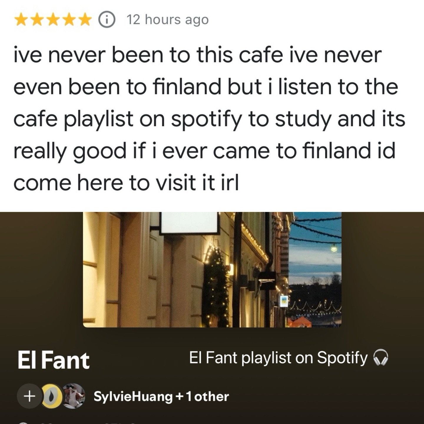 Oh honey thank you 🫶
We saw you!
You listened to the playlist.
You left a review.
That&rsquo;s basically a soft visit.🤍
Now coffee is calling you to Finland ☕️

#elfant #helsinkicafe #playlist #googlereviews