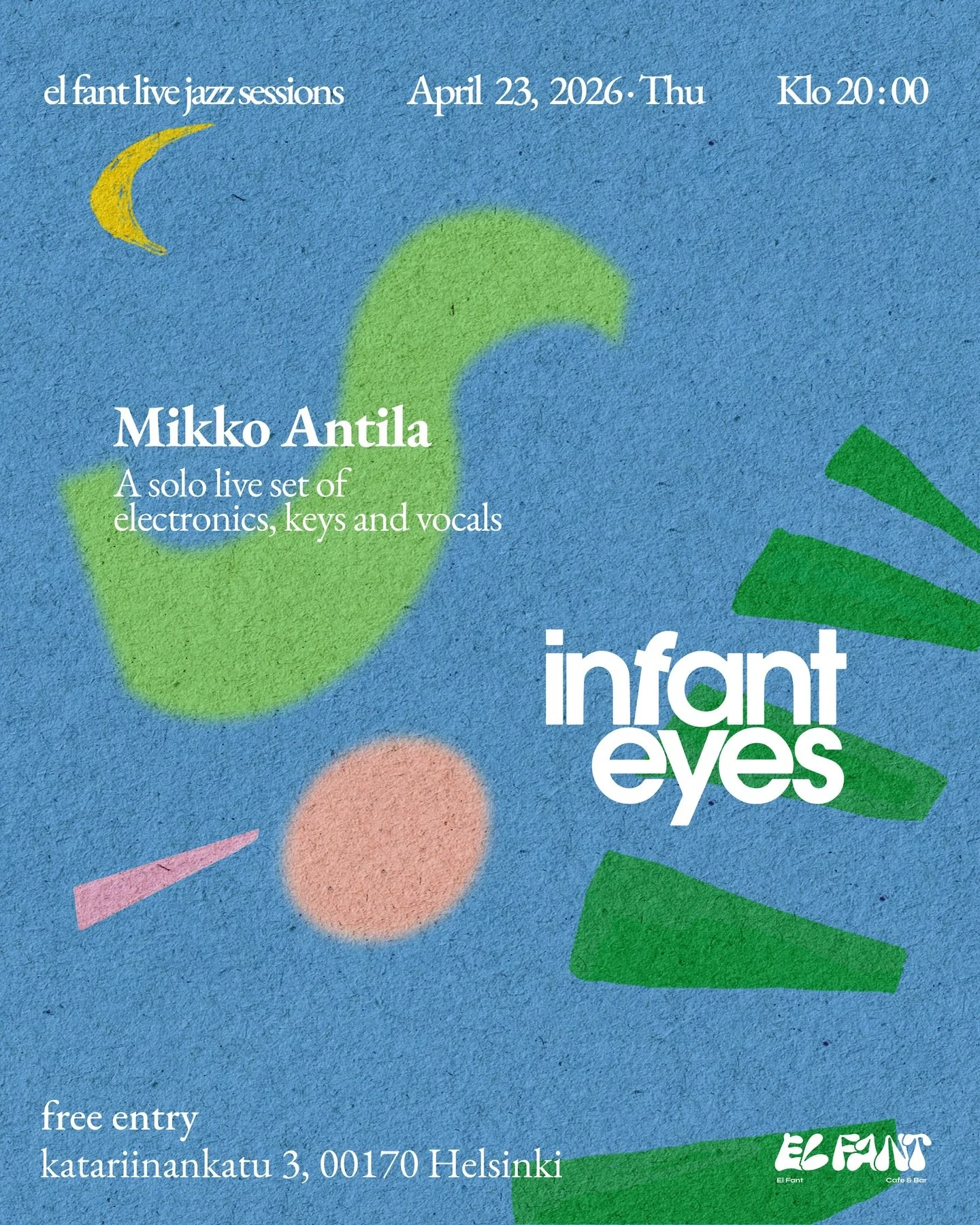 Free entry ｜20:00
On Thursday, 23 April, we welcome Mikko Antila to El Fant for a solo evening of electronics, keys and atmosphere. With a musical language that reaches from vibraphone and composition into more ambient, texture-rich territory, this s