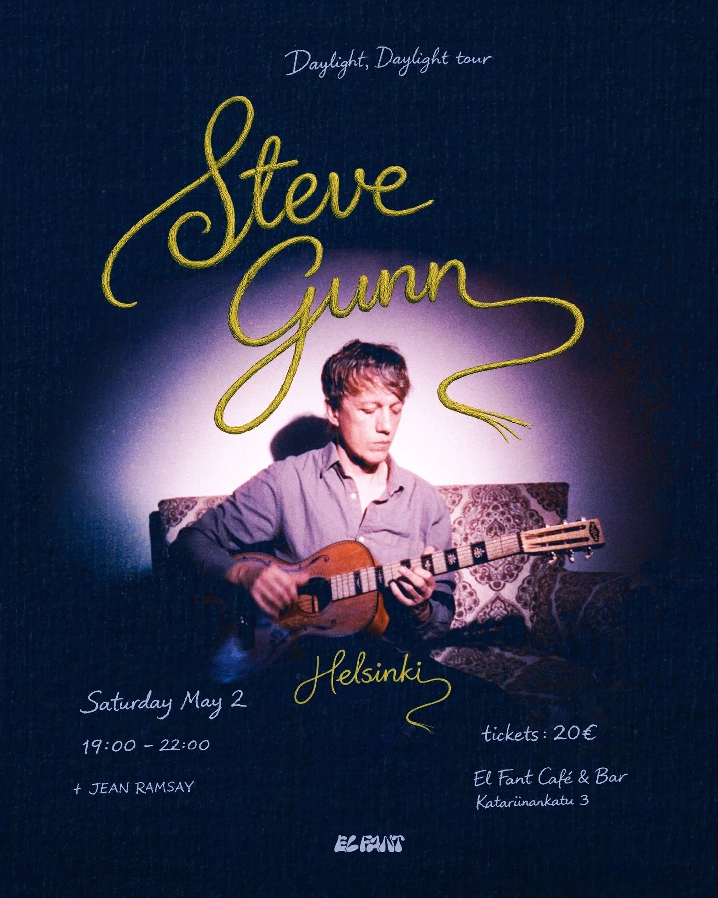 We&rsquo;re very happy to welcome @stevegunnstevegunn to El Fant on May 2nd for an intimate live show in Helsinki.
The evening will be opened by the local legend Jean Ramsay.

Please note that capacity is very limited, so presale is highly recommende