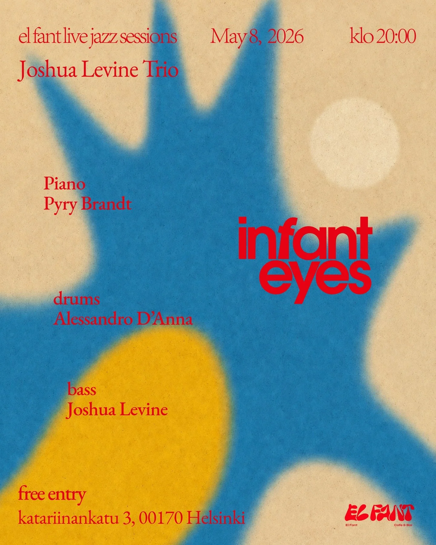 Friday, May 8 at El Fant
20:00 ｜ Free entry We&rsquo;re happy to welcome Joshua Levine Trio for a night of jazz, pop and Latin standards, reworked with freshness and ease, alongside some of Josh&rsquo;s original music.
With Pyry Brandt on piano, Ales