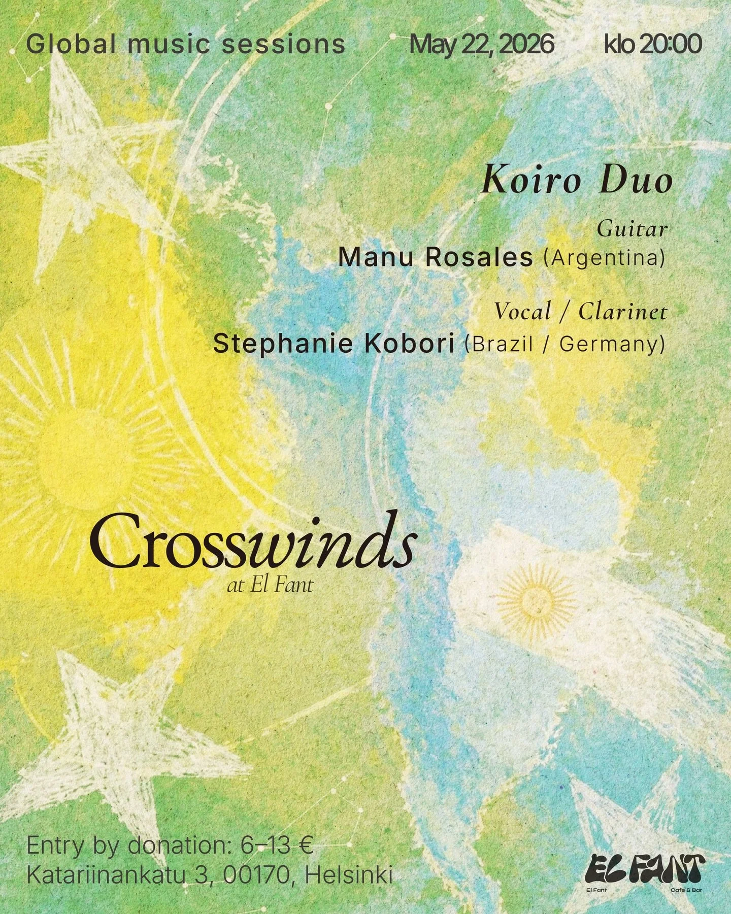 Crosswinds at El Fant
Entry by donation (6&ndash;13 &euro;) at the door
May 22, 20:00
Koiro Duo returns with an intimate acoustic set &mdash; guitar, clarinet and voice in quiet dialogue. @koiroduo @manurosalesmusico @stephanie.kobori 
Music shaped b