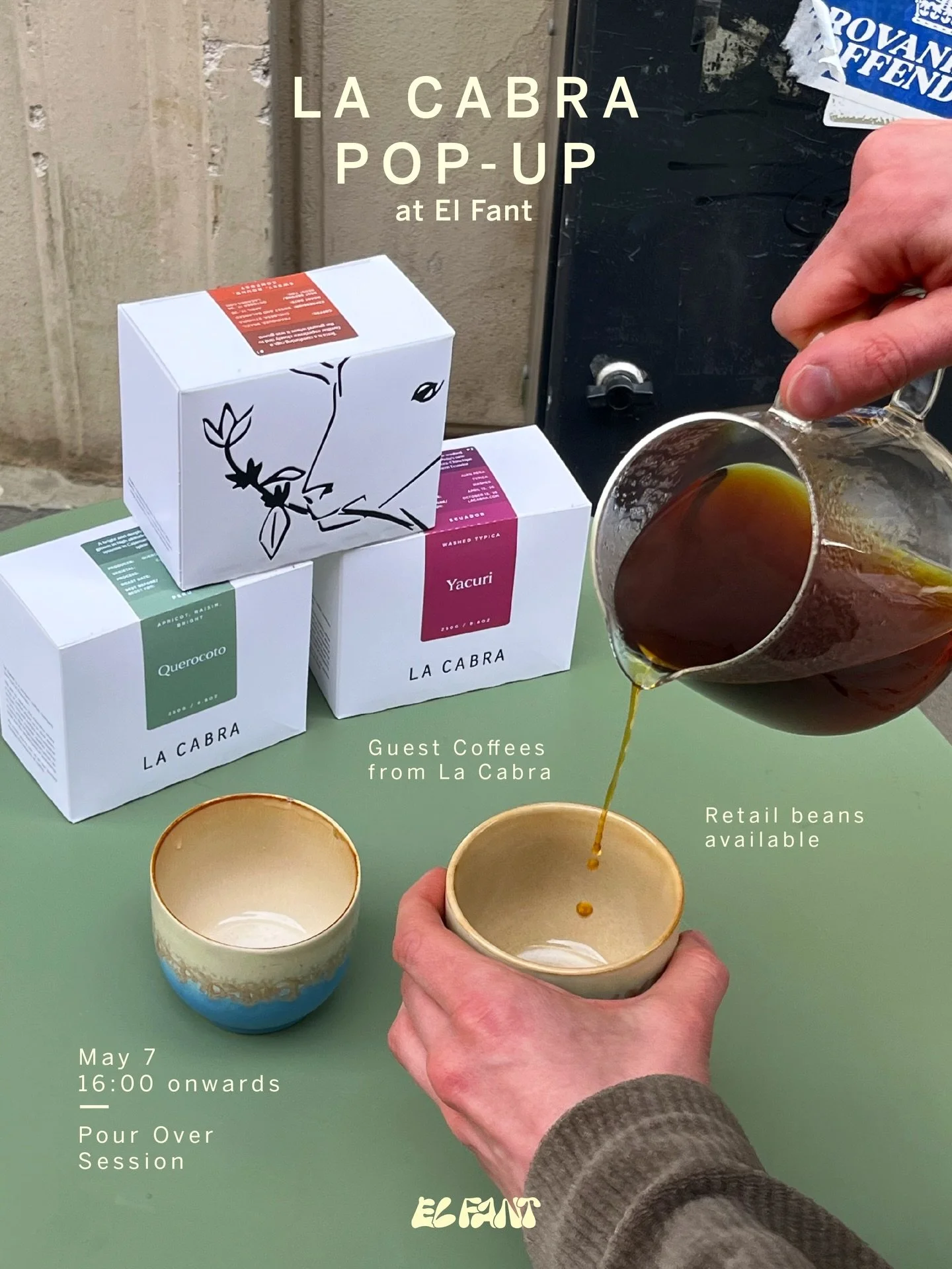@lacabracoffee is popping up at El Fant on May 7, and we&rsquo;re excited. We&rsquo;ve been tasting through their range for a while &mdash; the coffees are something else. 
@nicrapp from La Cabra will be here from 16:00 brewing pour overs, with retai