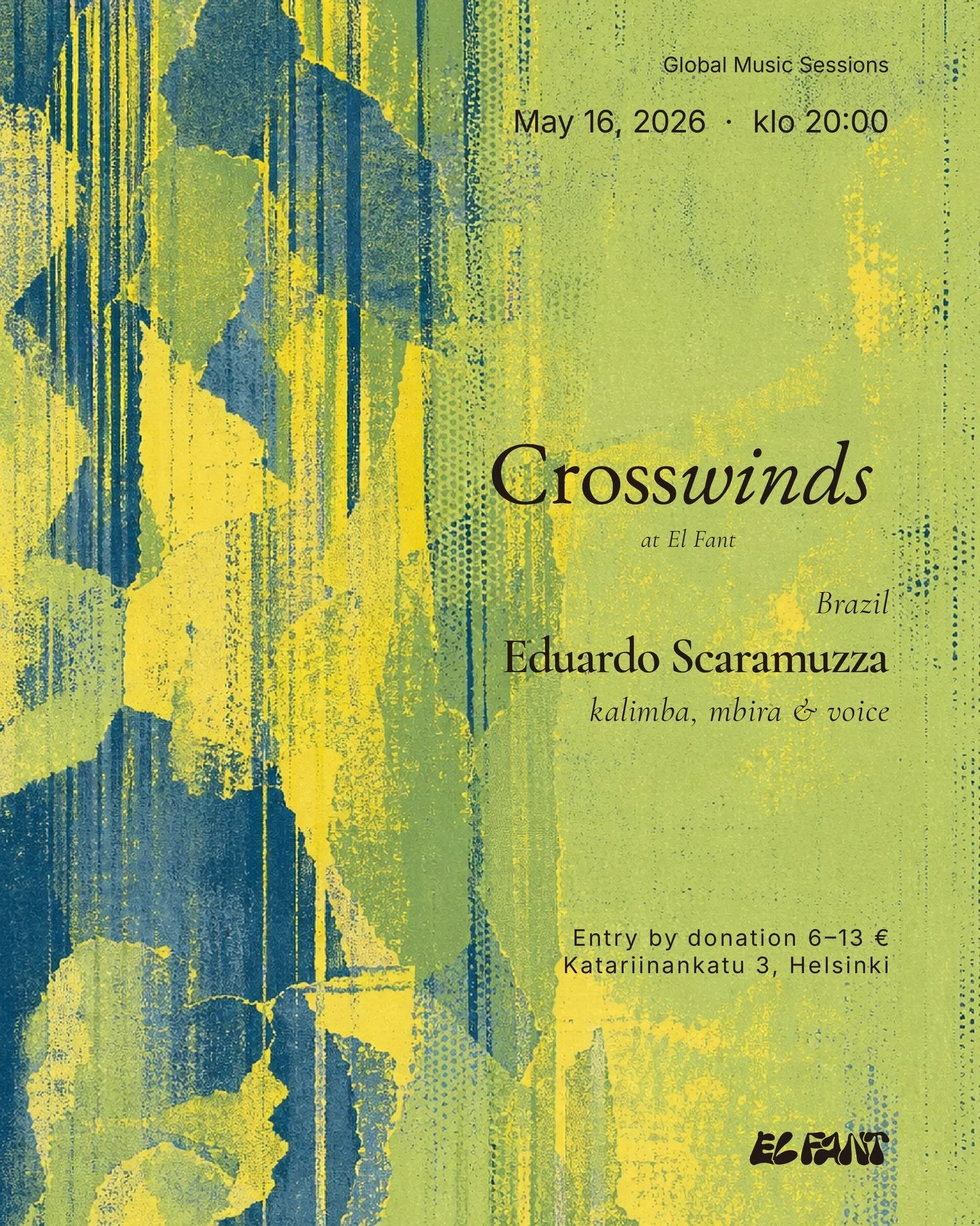 Eduardo Scaramuzza: Mbiras, Kalimba and Voice Saturday, May 16 20:00 El Fant Caf&eacute; &amp; Bar Entry by donation 6&ndash;13 &euro;

On Saturday, May 16, Crosswinds welcomes Eduardo Scaramuzza to El Fant for an intimate solo concert of mbiras, kal