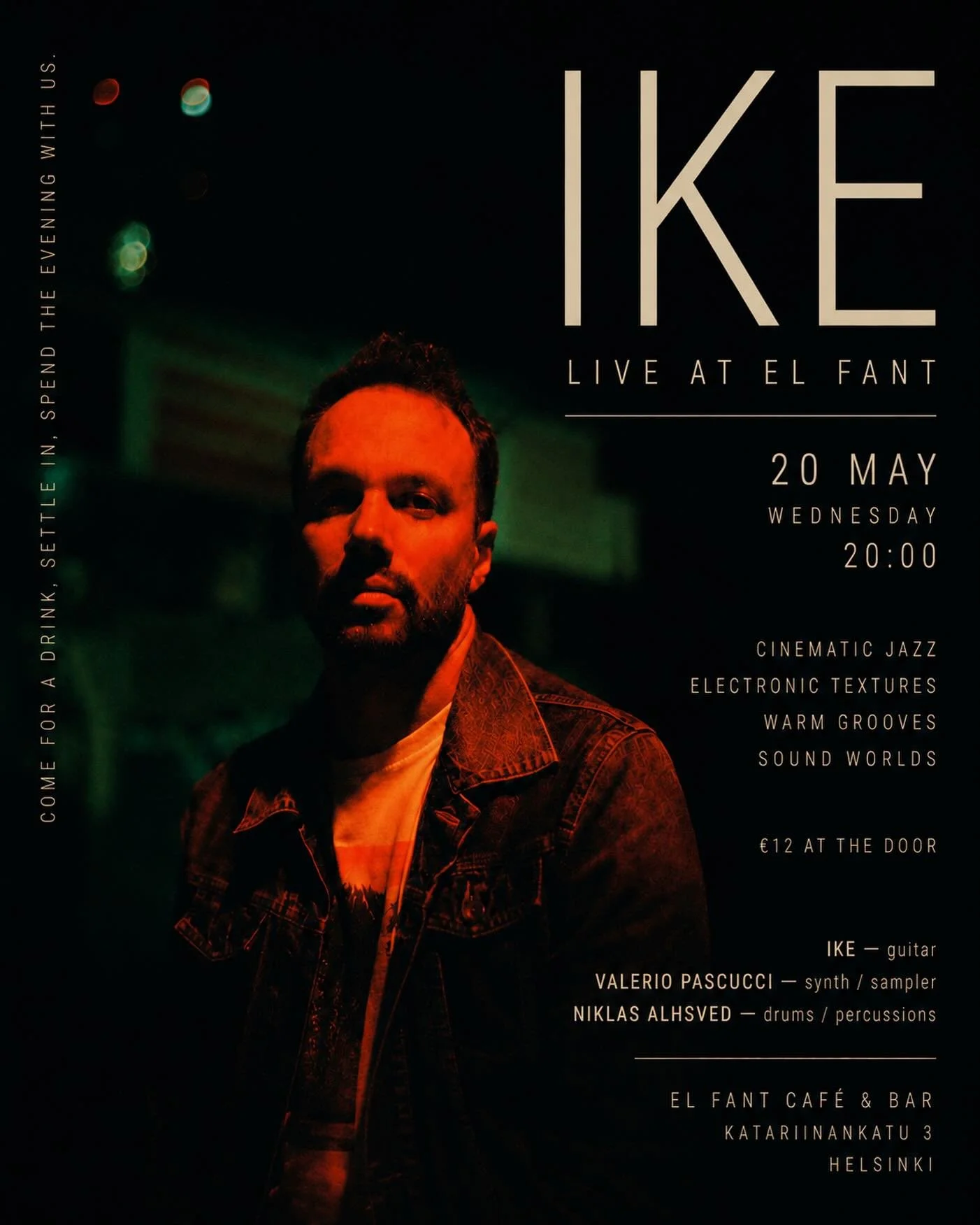 IKE live at El Fant 
Wednesday 20 May, 20:00
A warm, intimate live set moving through cinematic jazz, electronic textures, soft grooves and atmospheric sound worlds.

IKE is the project of Italian composer, producer and guitarist Isaac de Martin. For
