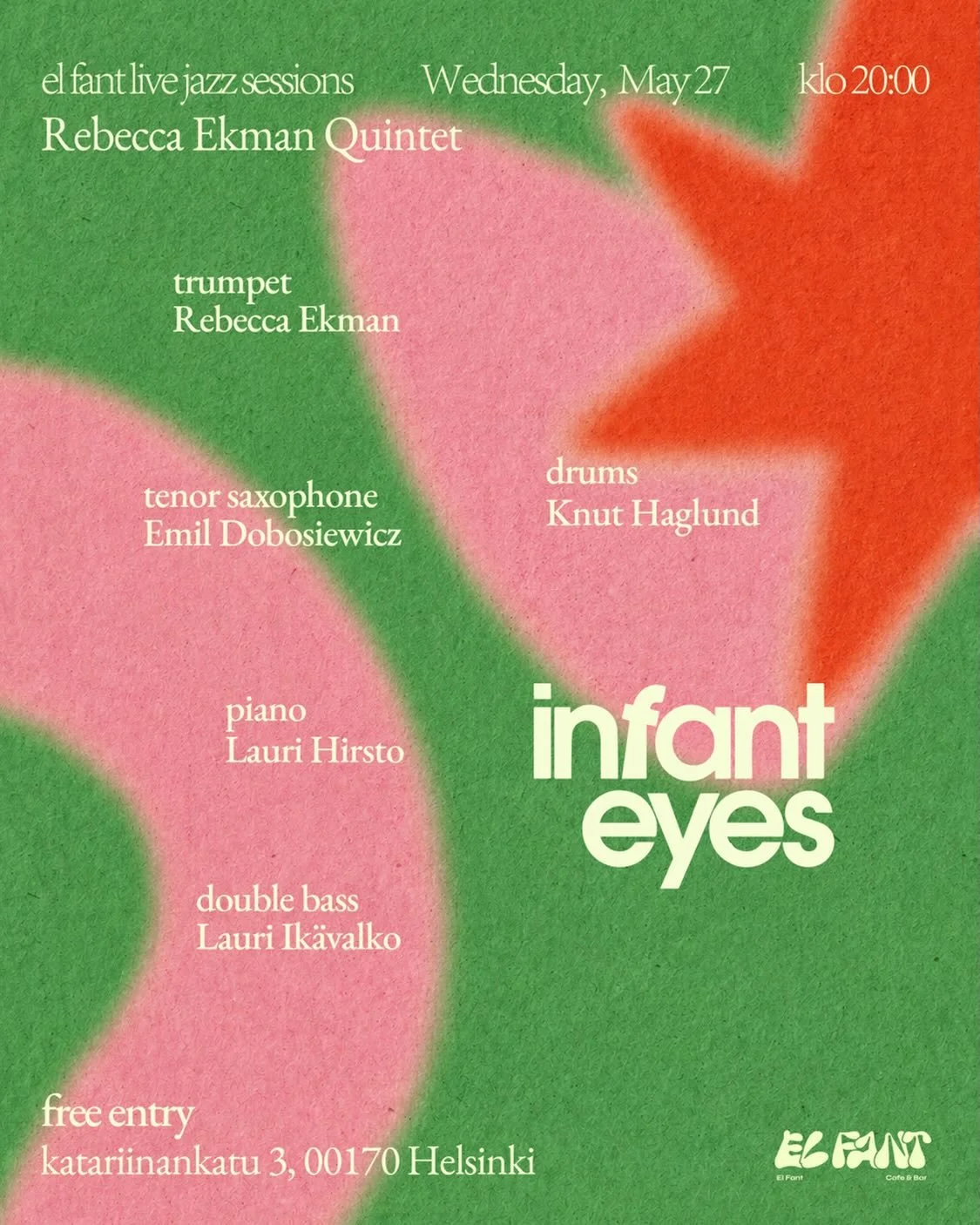 infant eyes series
Rebecca Ekman Quintet
Wednesday, May 27
20:00 at El Fant

Join us for an intimate evening of jazz with Rebecca Ekman Quintet.

The quintet brings together five musicians for a high-energy set, featuring music that continues to insp