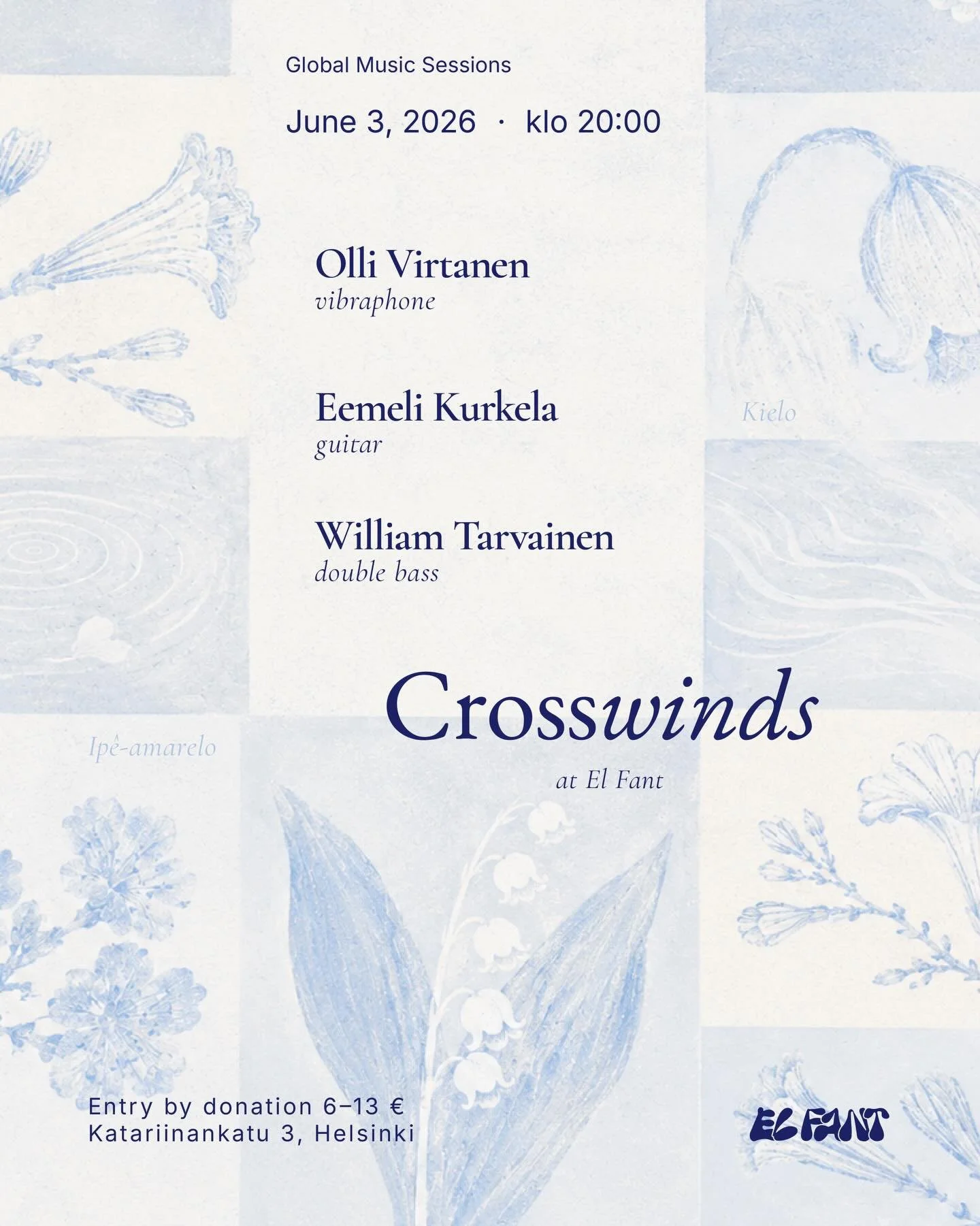 Crosswinds at El Fant Wednesday 3.6, 20:00 Entry by donation: 6&ndash;13&euro;
Vibraphonist Olli Virtanen, guitarist Eemeli Kurkela and double-bassist William Tarvainen bring a breeze of samba and bossa nova to El Fant.
The trio will play selected so