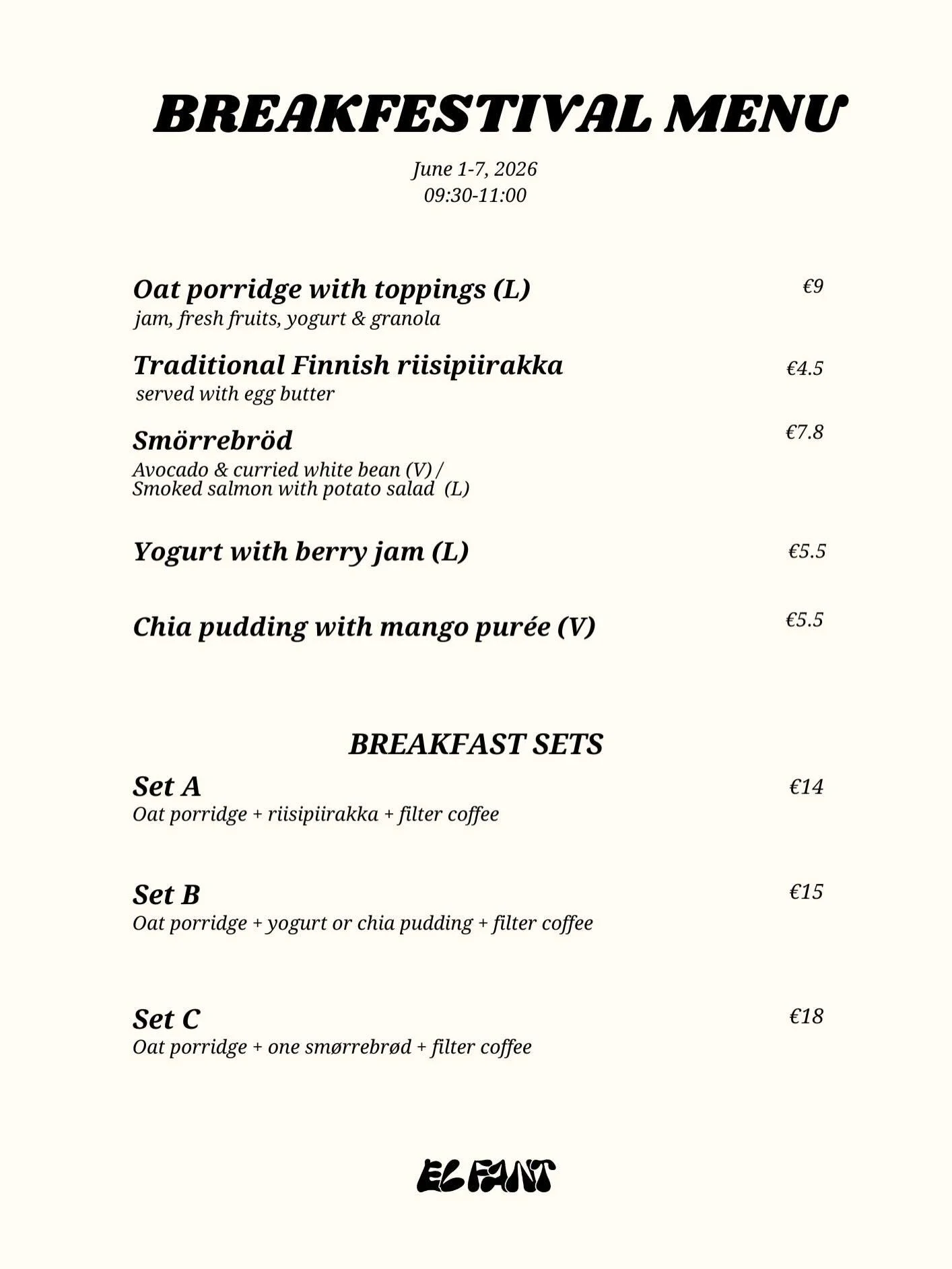 This week, Helsinki wakes up a little differently.
As part of Breakfestival, a week-long morning culture festival around the city, we&rsquo;ll be serving a special morning menu at El Fant from June 1&ndash;7, 9:30&ndash;11:00.

Come by for oat porrid