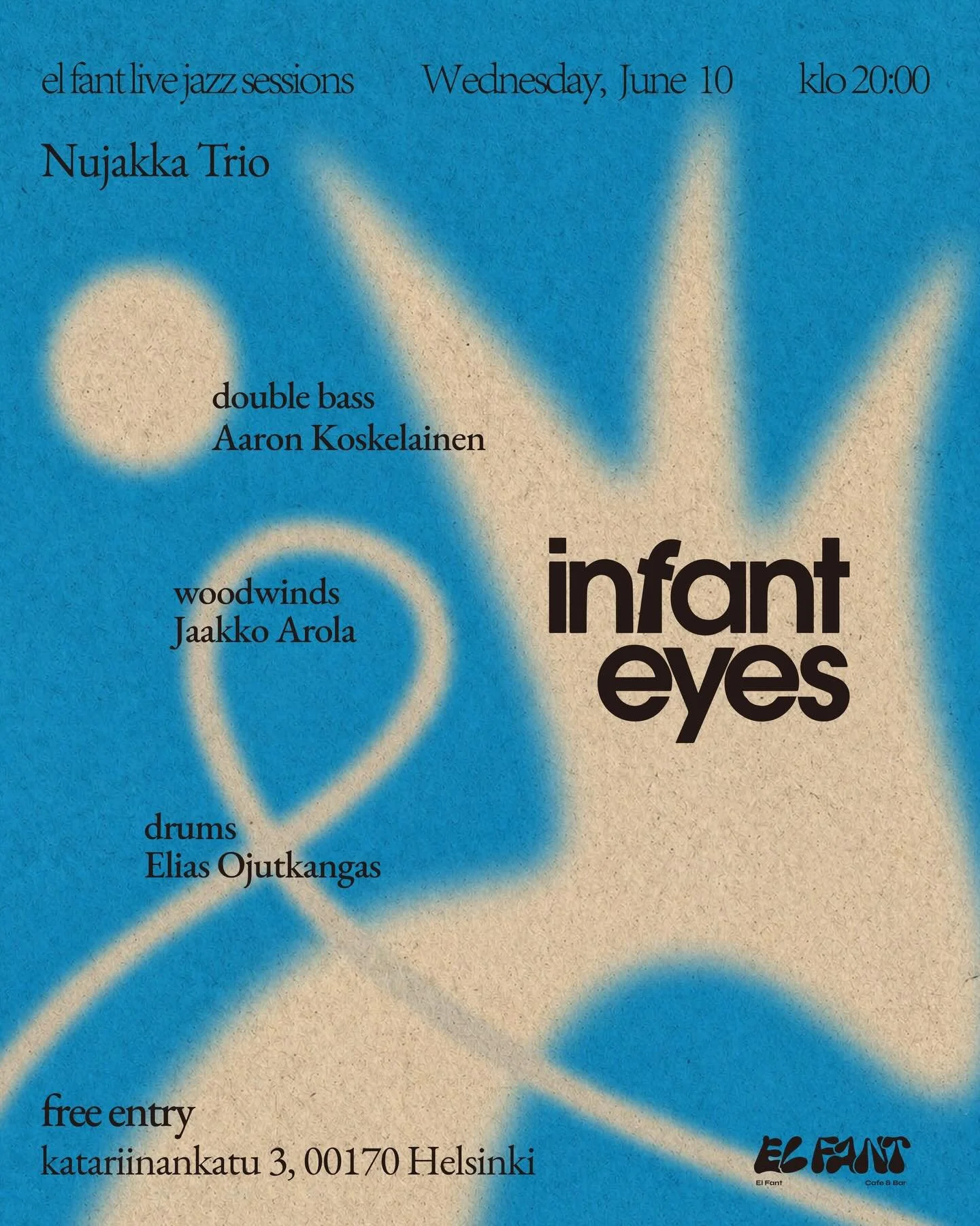 infant eyes series
Nujakka

Wednesday, June 10
20:00 at El Fant
Nujakka returns to the stage at El Fant with a set rooted in free improvisation, collective composition, and the raw energy of free jazz.

The trio brings together woodwinds, double bass