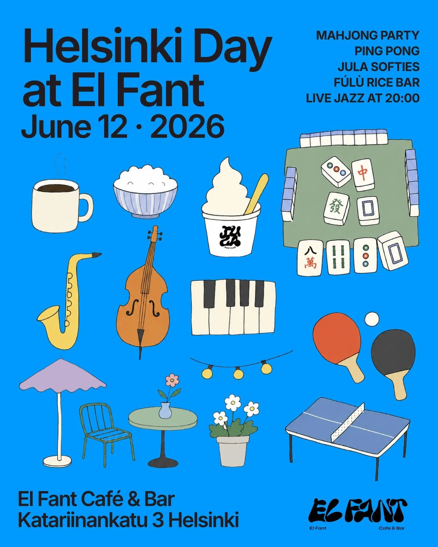 Helsinki Day at El Fant☀️
On June 12, we&rsquo;re spending the day in the courtyard with mahjong, ping pong, soft serve, rice bowls and live jazz.

From 14:00 to 19:00, we&rsquo;ll host a relaxed Mahjong Party together with @eastwindsocialclubhelsink