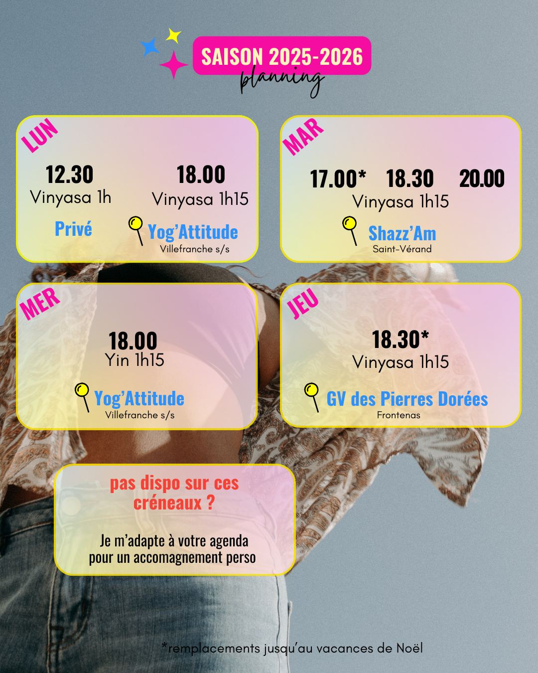 Planning des cours pour la saison 2025-2026 avec différentes sessions de yoga