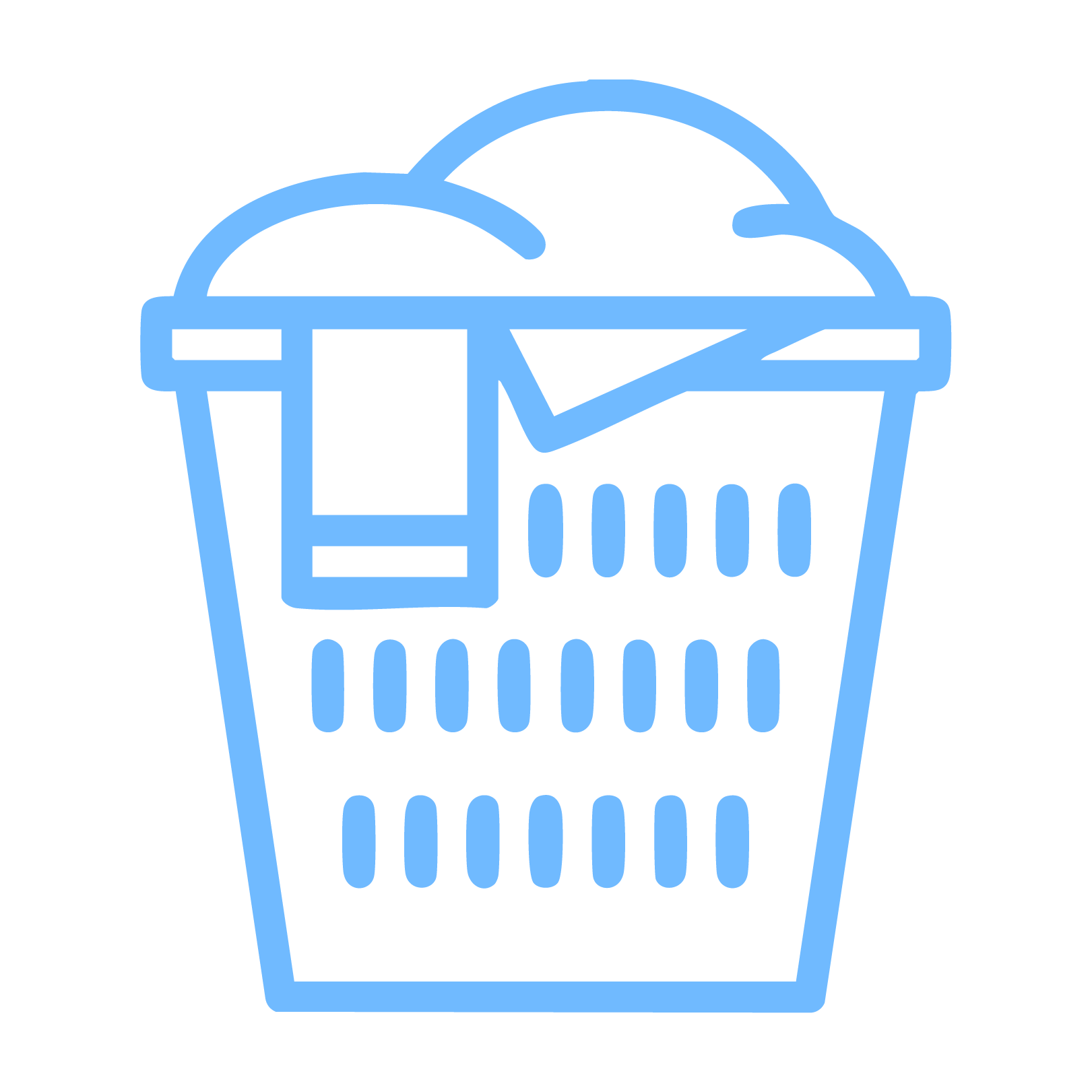 Outline of a shopping basket with a drink, a piece of food, and some other items inside.