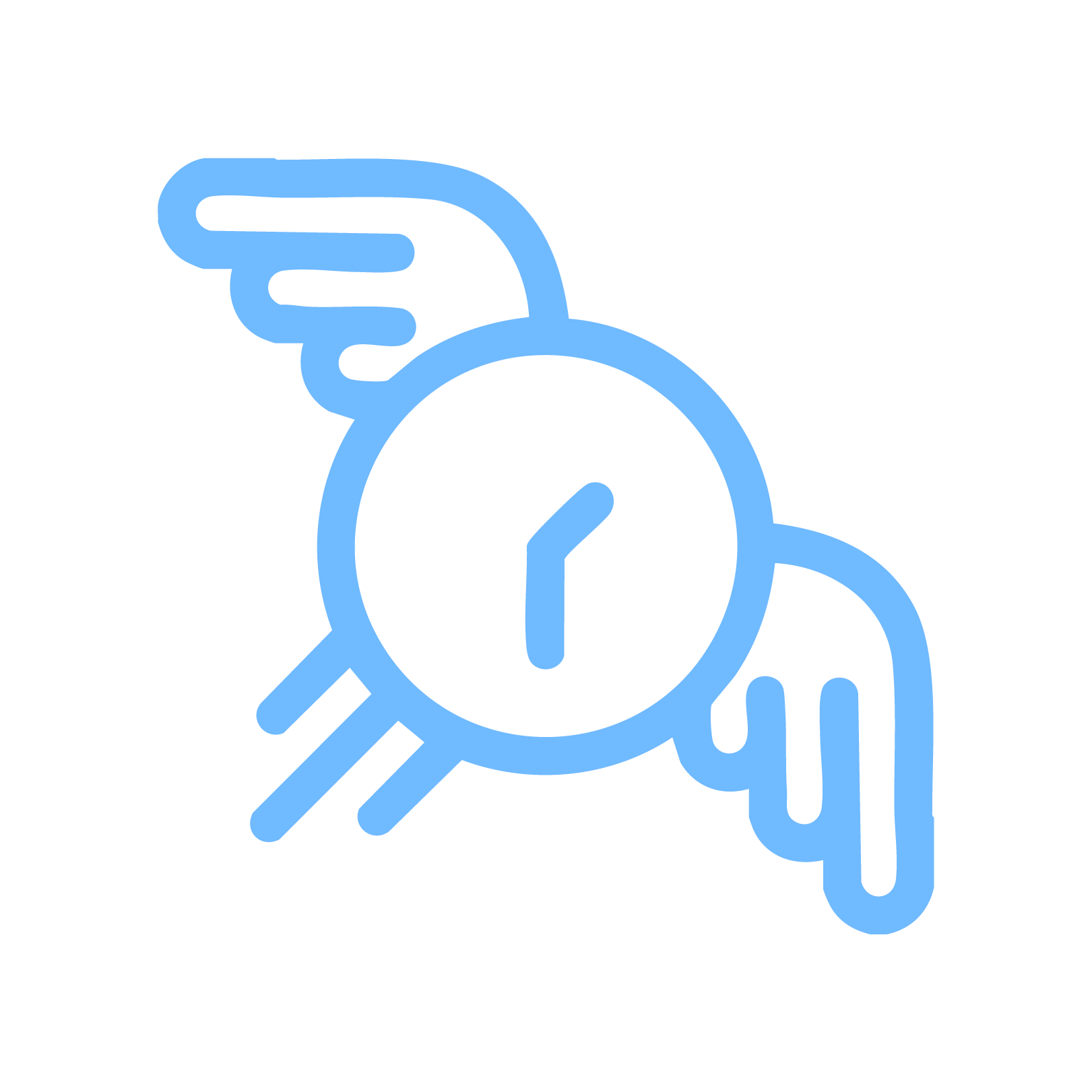 A blue outline illustration of a clock with angel wings, symbolizing time and speed.