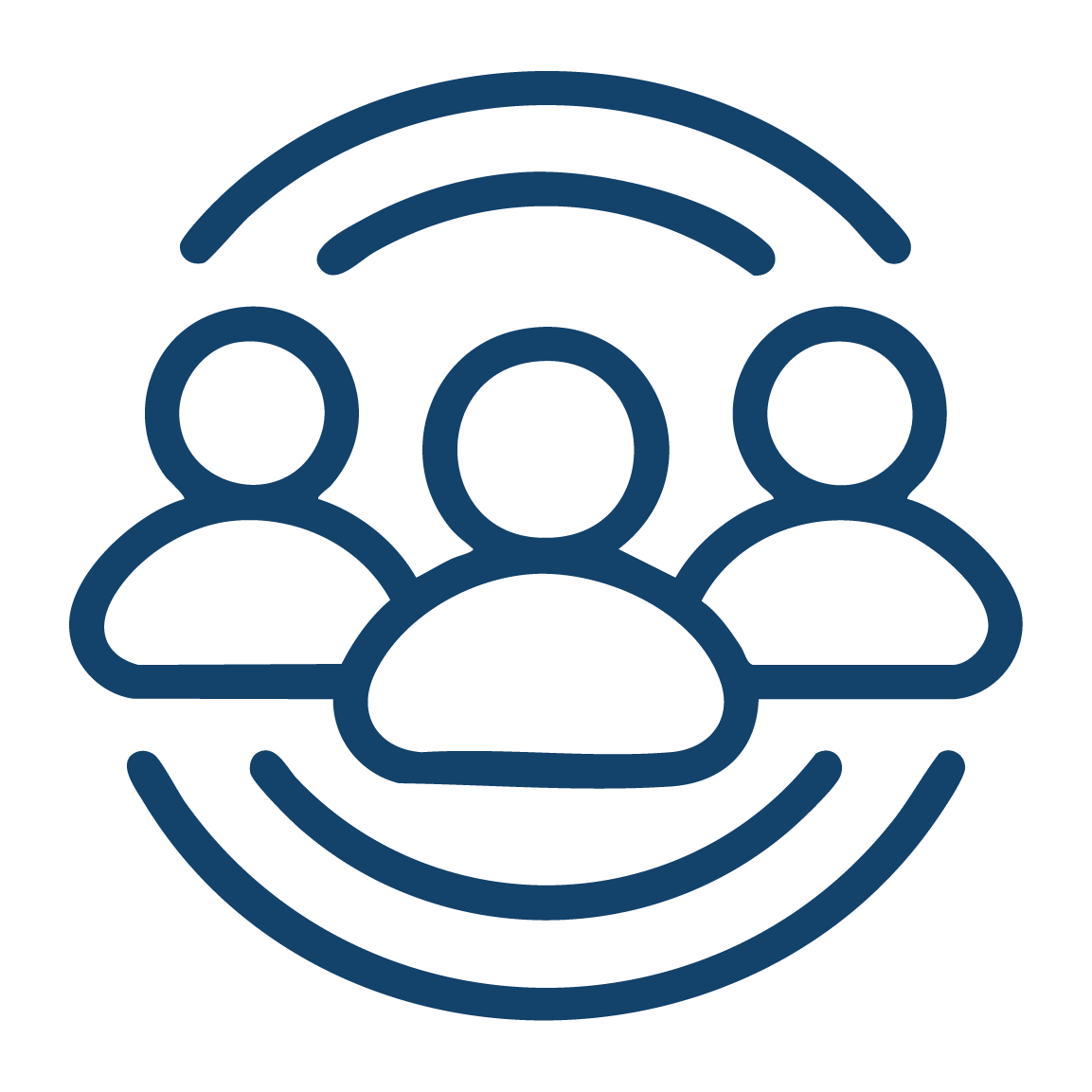 Icon of three people with curved lines above and below symbolizing communication or networking.