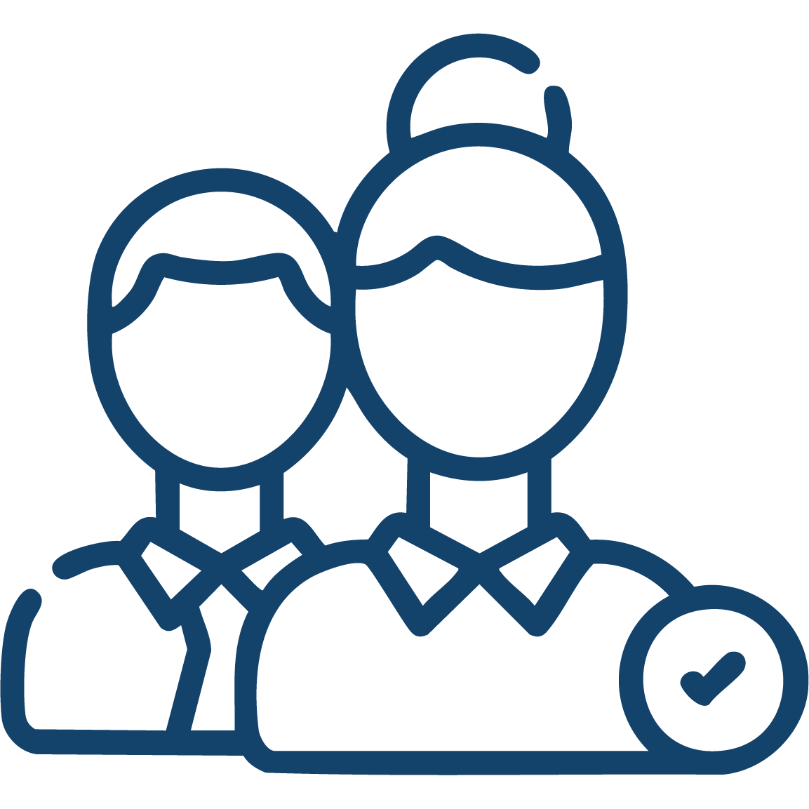 Line drawing of two people, one with a badge featuring a checkmark, representing verified users or team members.