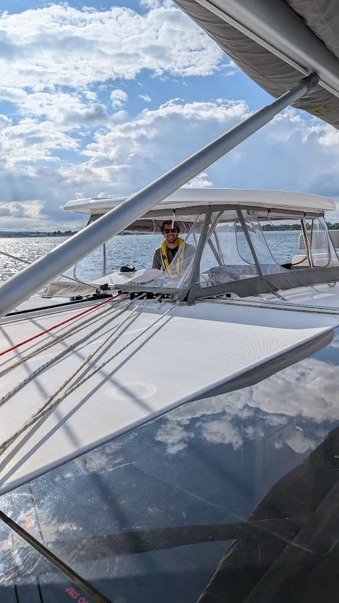 A very happy Captain Antoine on our first solo sail on Tranquila!