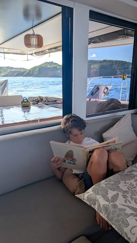 Max unbothered by seeing land, kept reading his favourite books - Asterix & Obelix!