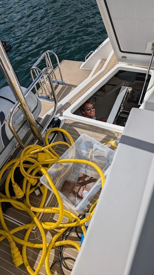 Antoine in the engine room beginning to familiarise himself with the boat - the first of many times spent in this room!