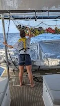 As soon as we set off, it started to get rolly and fellow sailors started to lose some precious goods - avocados! So Julia was ensuring we would have a VOB (vegetable overboard)!