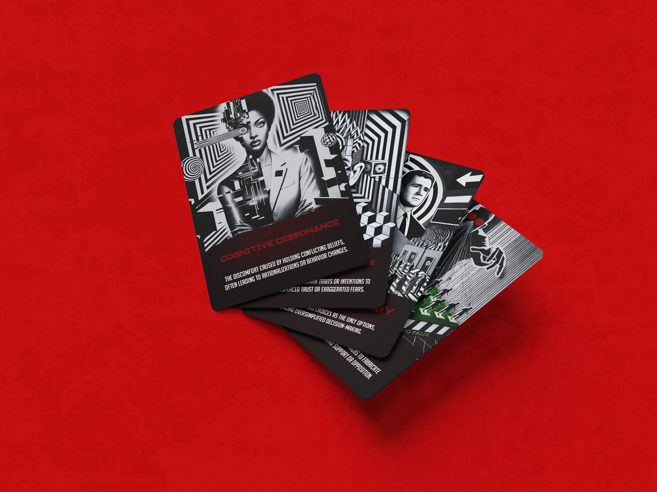A set of black and white cards with various graphic designs and portraits, laid out on a red surface, with visible text on some cards.