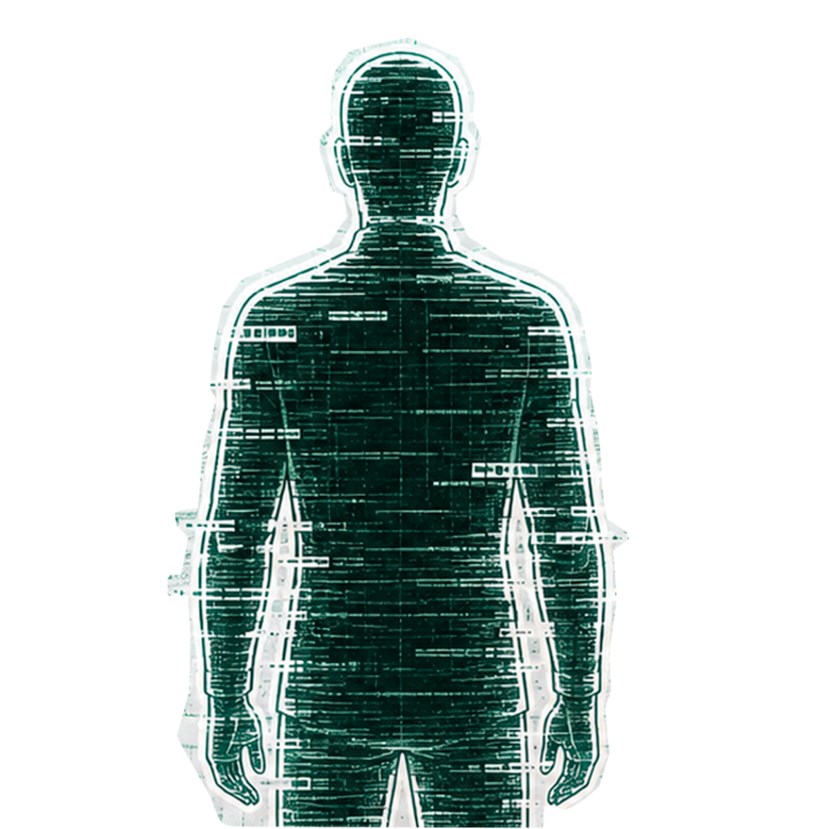 Silhouette of a human figure with digital and circuit-like overlays, resembling a futuristic or technological representation of a person.
