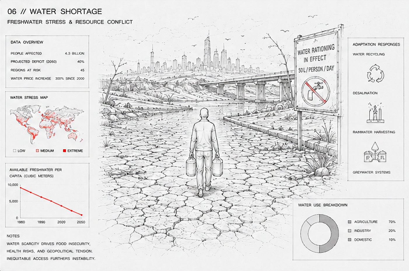 Sketch of a man walking on cracked dry ground, carrying buckets, with a city skyline and a bridge in the background. To the right, there is a sign about water rationing, and various icons and graphs about water shortage and usage.
