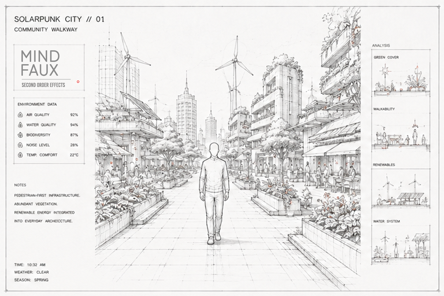 Architectural sketch of a community walkway in Solarpunk City with a person walking in the center, surrounded by buildings, trees, and wind turbines, along with environment and analysis data.