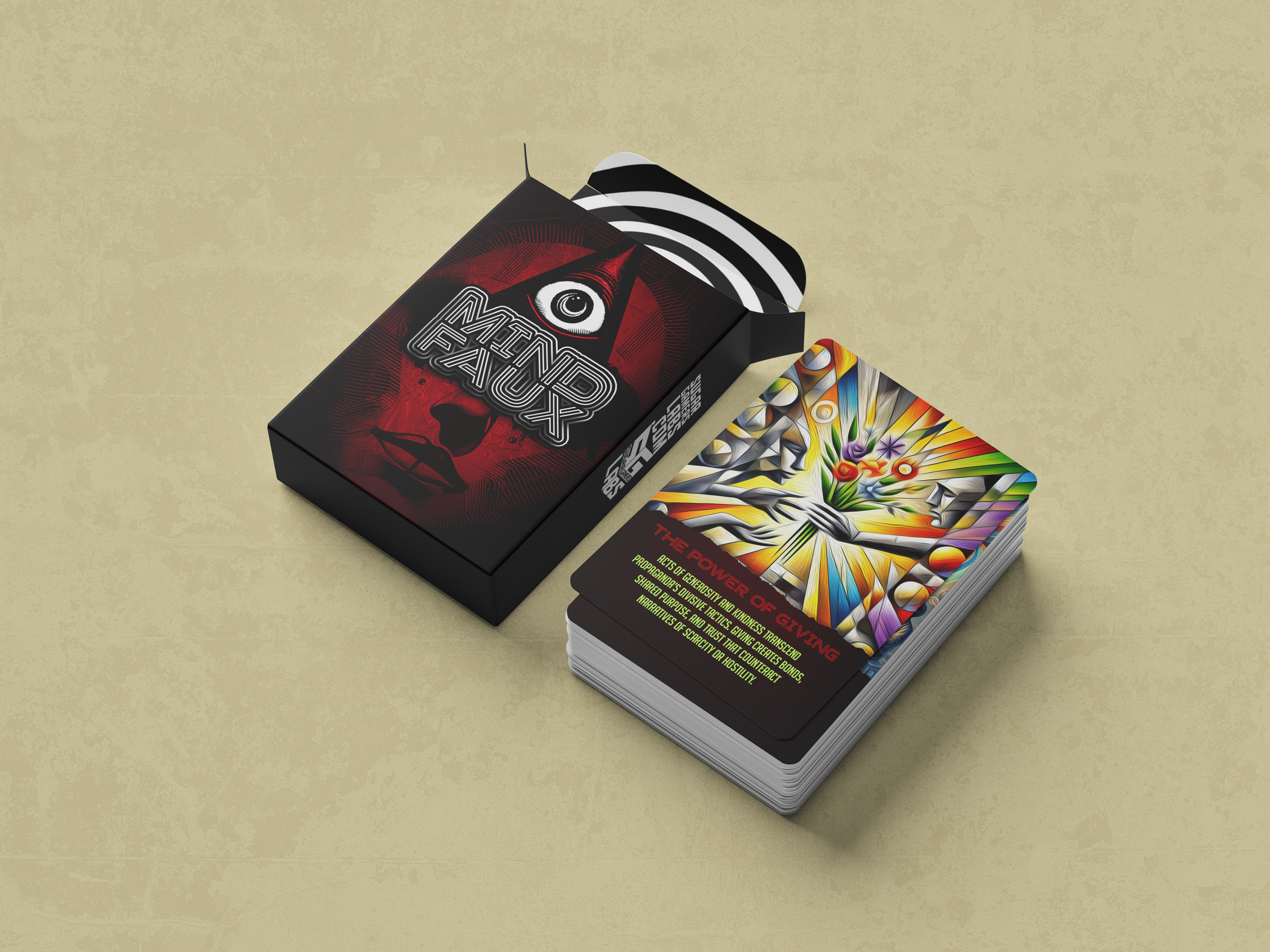 Photo of two decks of tarot cards, one with a surreal, colorful design and the other with dark, artistic design featuring an eye and bold graphics, placed on a plain beige surface.