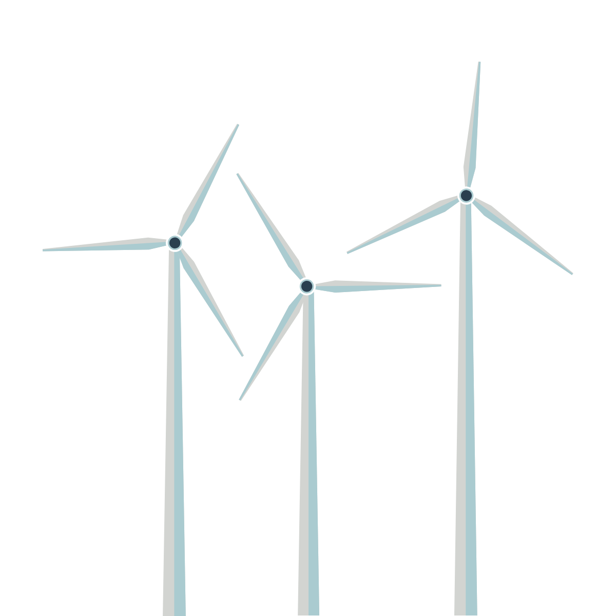 Illustration of three modern wind turbines on a black background.