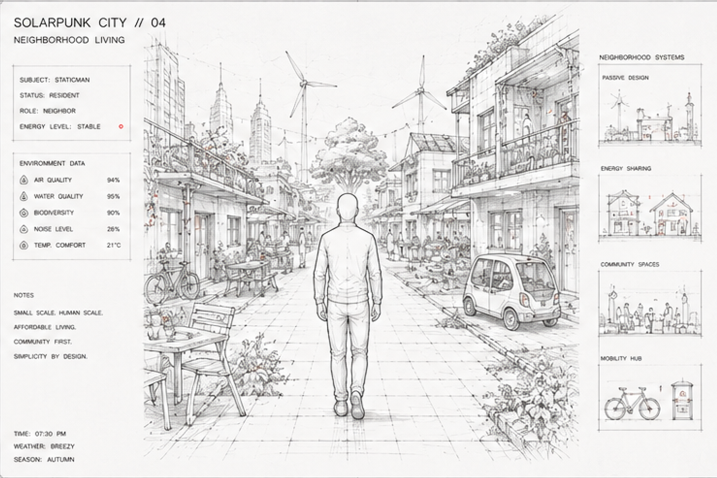 A detailed architectural sketch of a neighborhood street scene featuring a person walking down the sidewalk. The street is lined with residential buildings, outdoor cafes, and a parked car. Wind turbines are visible in the background along with tall buildings or skyscrapers. The sketch includes environmental data on air quality, water quality, biodiversity, noise level, and temperature, along with notes on community design, affordability, and simplicity.