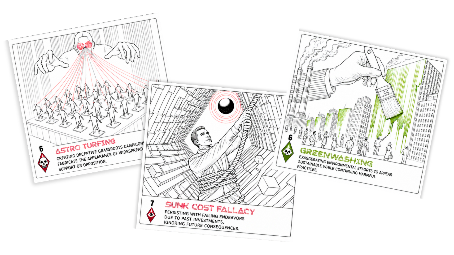 Three illustrated cards with social commentary: one on astro turfing with a figure overseeing a crowd and red lines, one on sunk cost fallacy with a man tied in ropes surrounded by blocks and a moon overhead, and one on greenwashing showing a hand with a paintbrush coloring green on tall buildings, with people walking below.