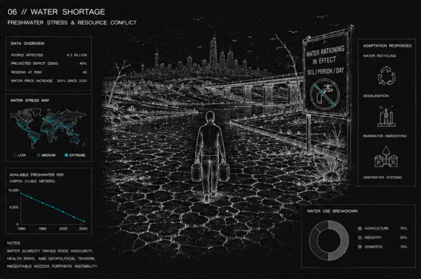 Infographic about water shortage showing a city skyline, a person walking with containers, and data on water stress, drought risks, water recycling, rainwater harvesting, greywater systems, and water use breakdown.