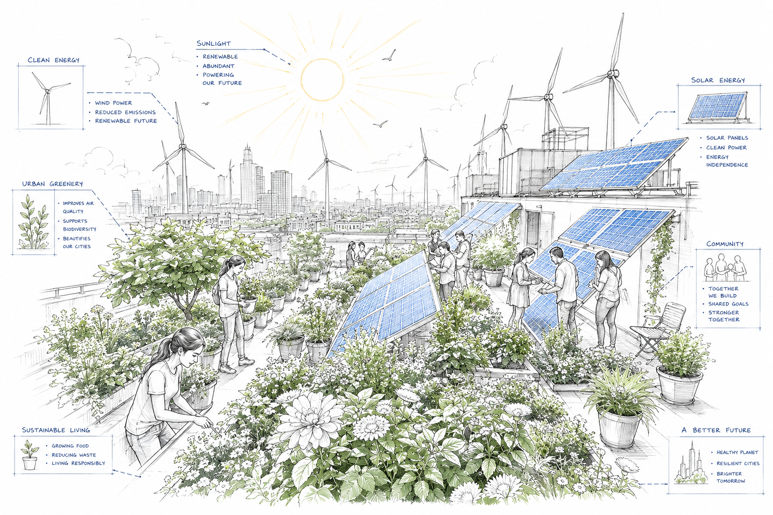 Illustration of a rooftop community garden with solar panels, wind turbines, and people tending to plants, highlighting benefits like renewable energy, urban greenery, sustainable living, community building, and a better future.