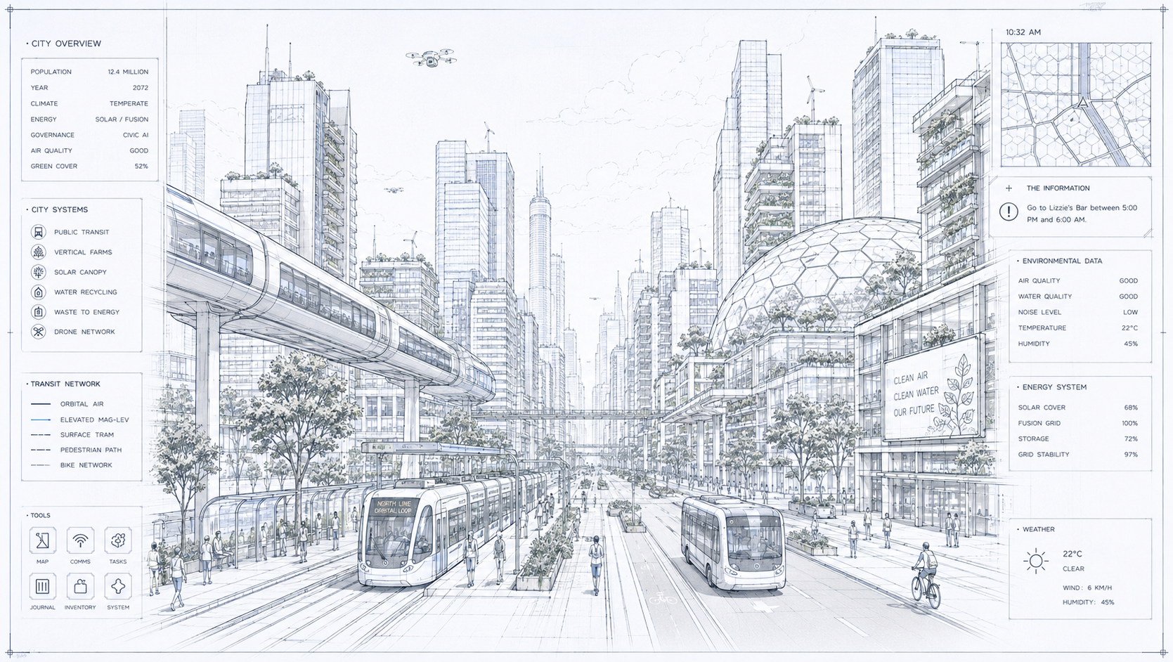 Futuristic cityscape sketch showing a modern urban area with high-rise buildings, a sky train, streets with pedestrians and cyclists, and digital information panels providing environmental and transit data.