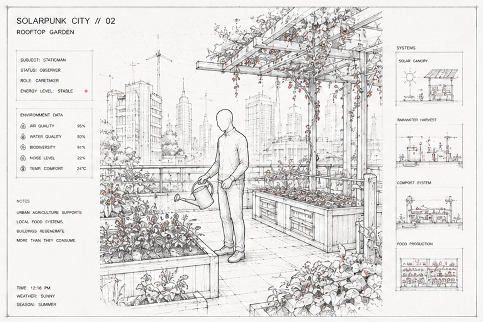 Line drawing of a person watering plants in a rooftop garden with a city skyline in the background, surrounded by plant beds, with data and system diagrams on the sides.