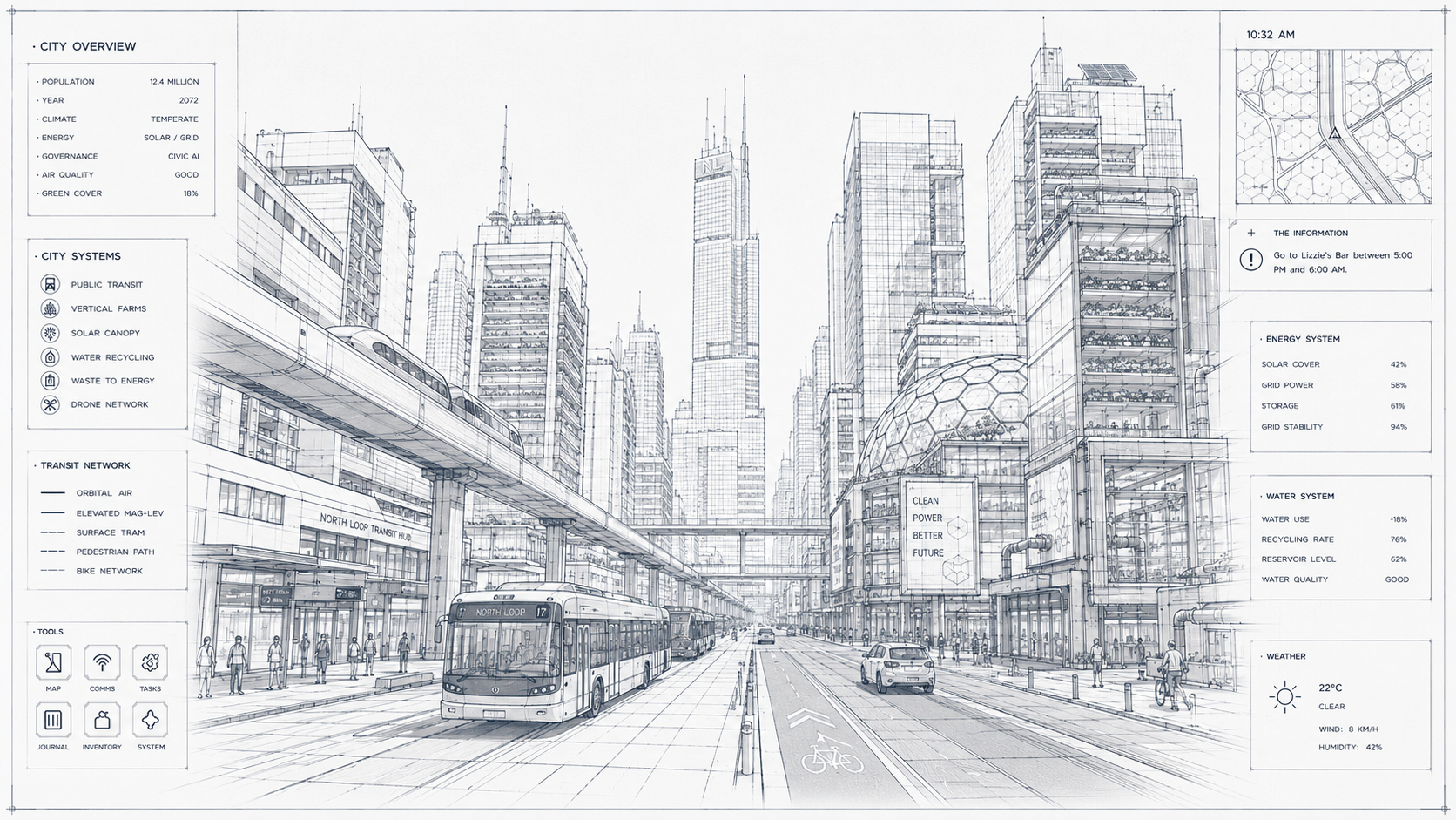Futuristic cityscape sketch showing high-rise buildings, a city transit bus on a street with bicycles and pedestrians, with informational panels about city systems, environment, and weather.
