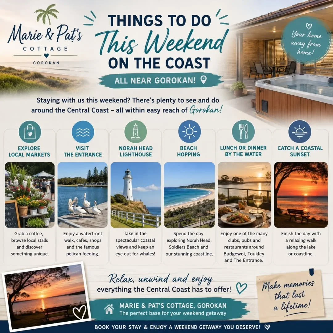 🌴 What&rsquo;s On This Weekend Near Marie &amp; Pat&rsquo;s Cottage! 🌴

Staying with us this weekend? There&rsquo;s plenty to see and do around the Central Coast &mdash; all within easy reach of Gorokan! 🚗✨

🛍️ Explore the local markets &ndash; g