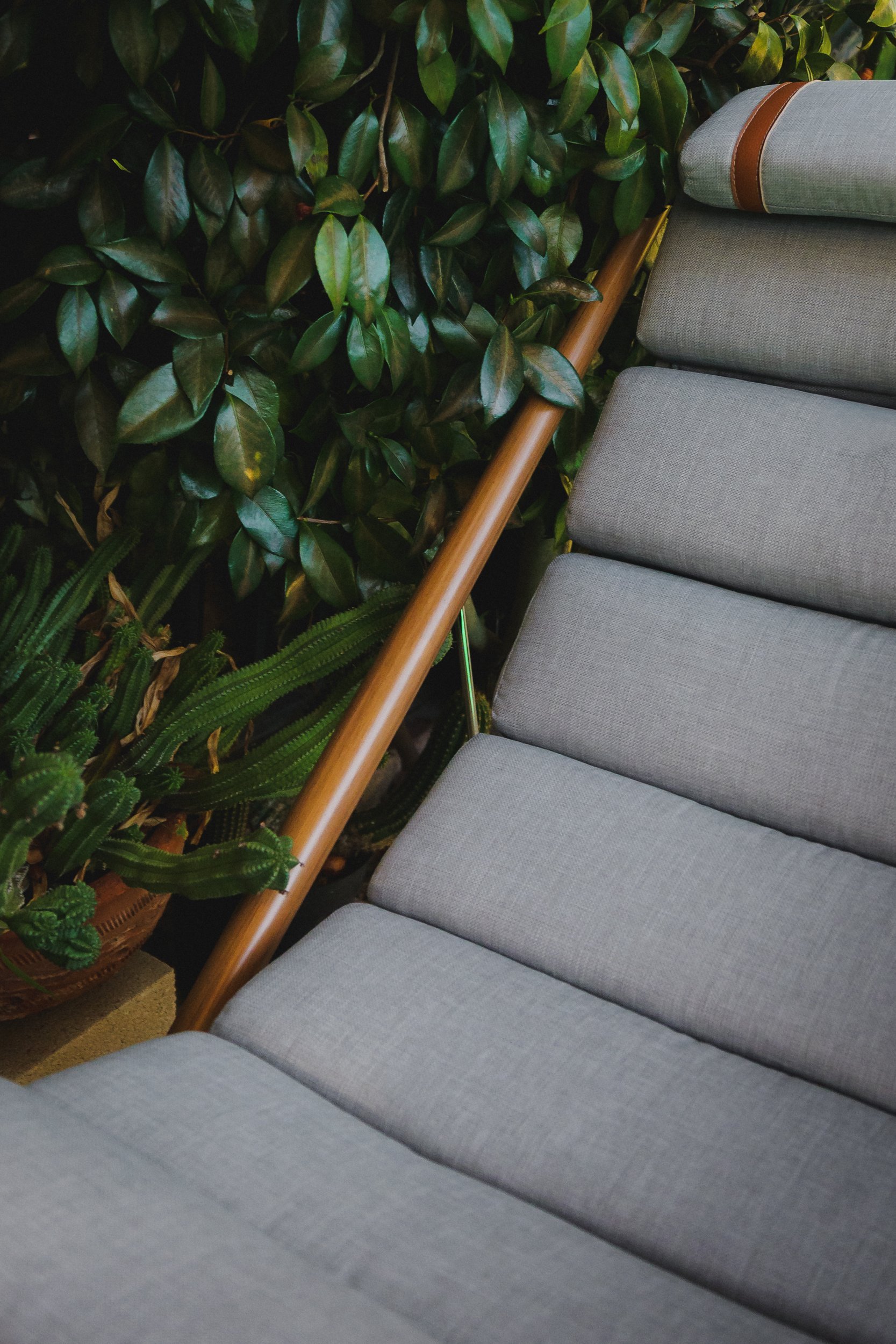Close-up of the Solaris sling chair's channeled gray cushion and headrest strap next to green leaves and cactus