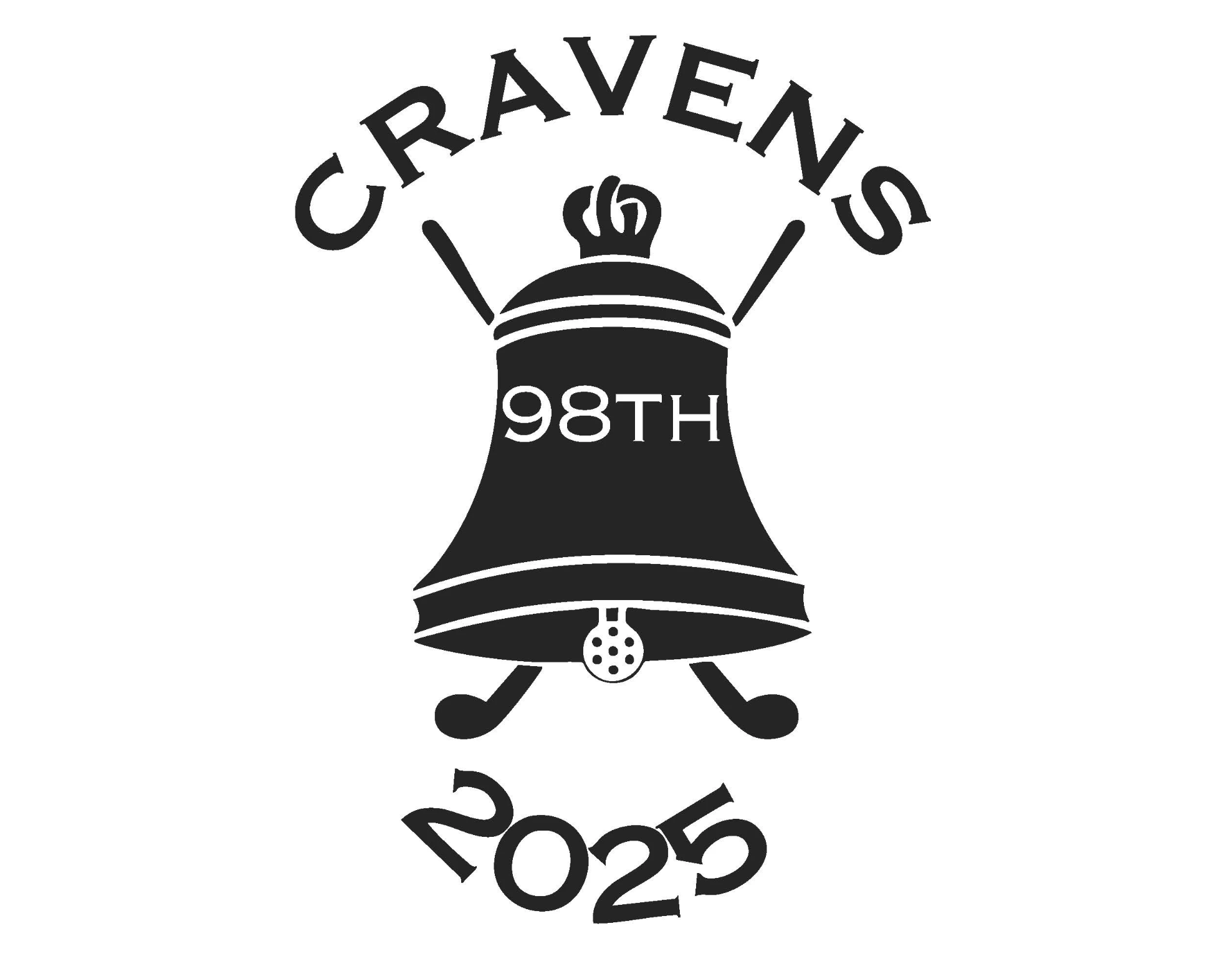Black and white logo for a golf event called 'Cravens', featuring a bell with crossed golf clubs underneath, the number '98TH' on the bell, and the year '2025' below.