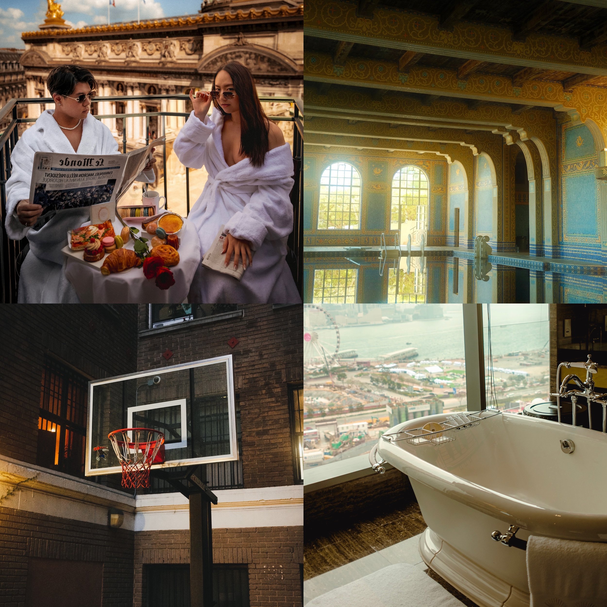 A collage of four images featuring luxury and leisure. The top left shows two women in white robes having breakfast on a balcony with a historic building in the background. The top right displays an elegant indoor swimming pool with large windows and ornate ceiling details. The bottom left features a basketball hoop mounted on an urban brick building, and the bottom right shows a luxurious bathtub by a window overlooking a harbor and cityscape.