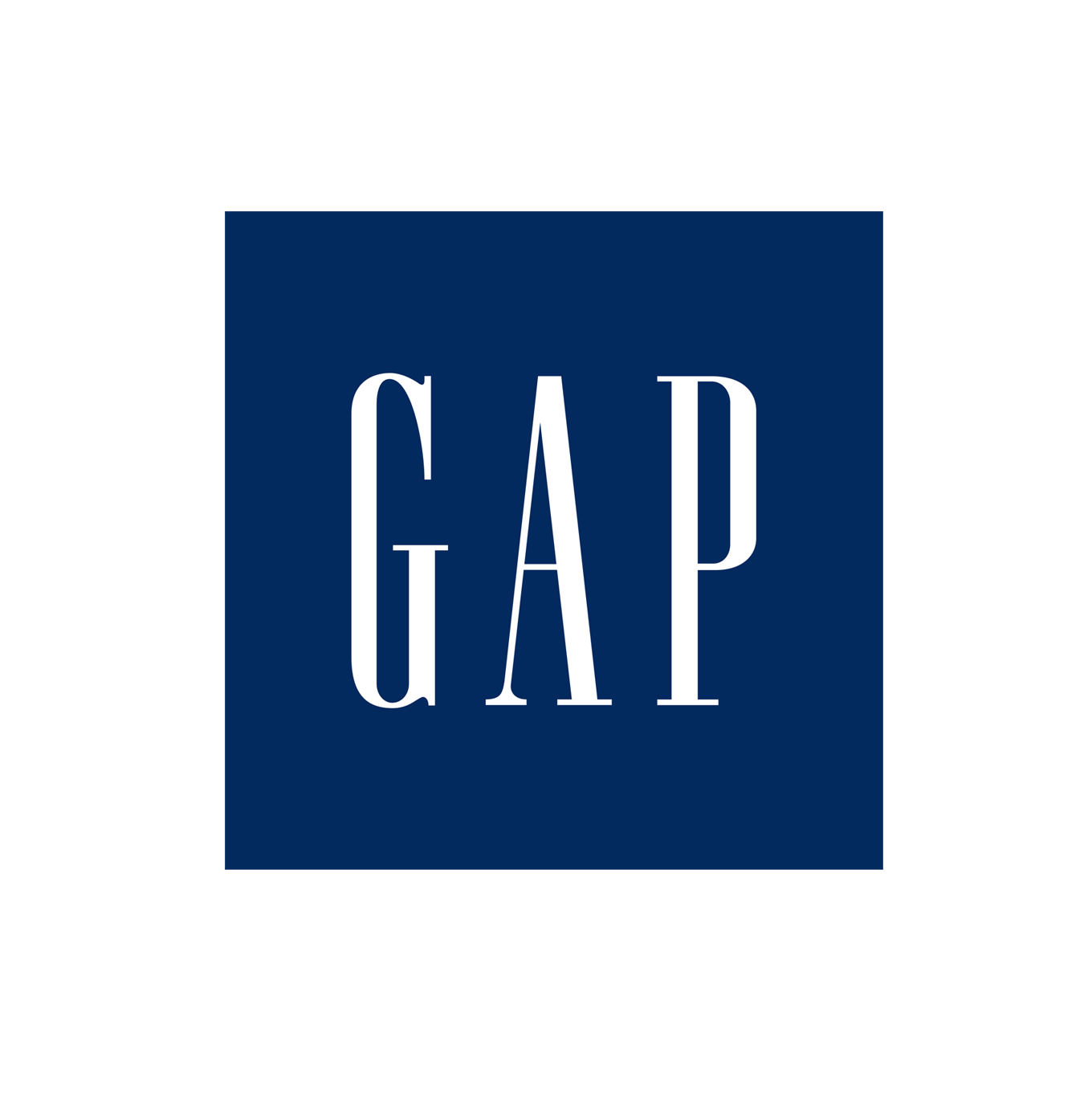 GAP logo with white letters on a dark blue square background.